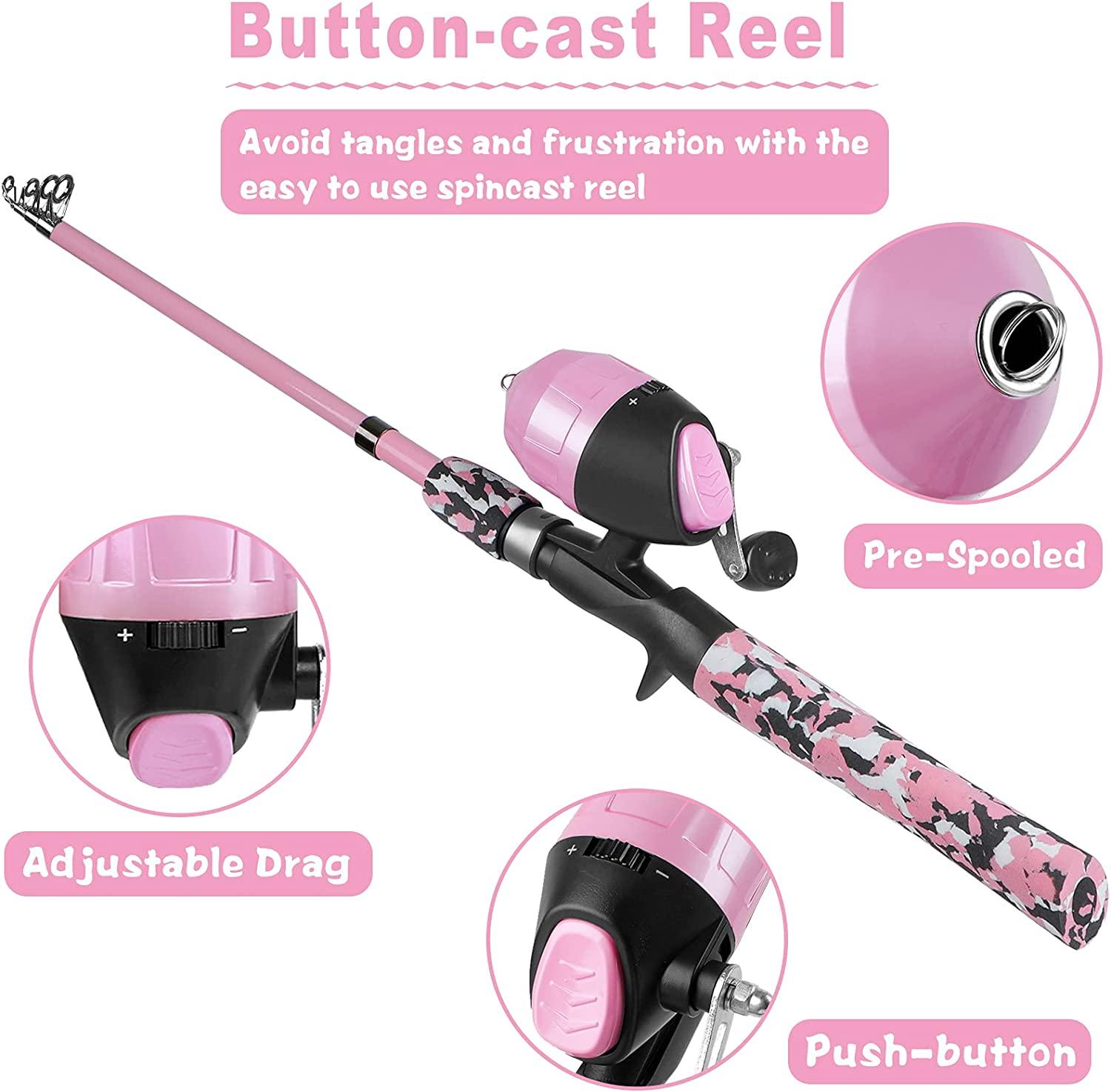 PLUSINNO Kids Fishing Pole,Telescopic Fishing Rod and Reel Combos with Spincast  Fishing Reel and String with Fishing Line Pink Handle without Bag 150CM  59.05IN