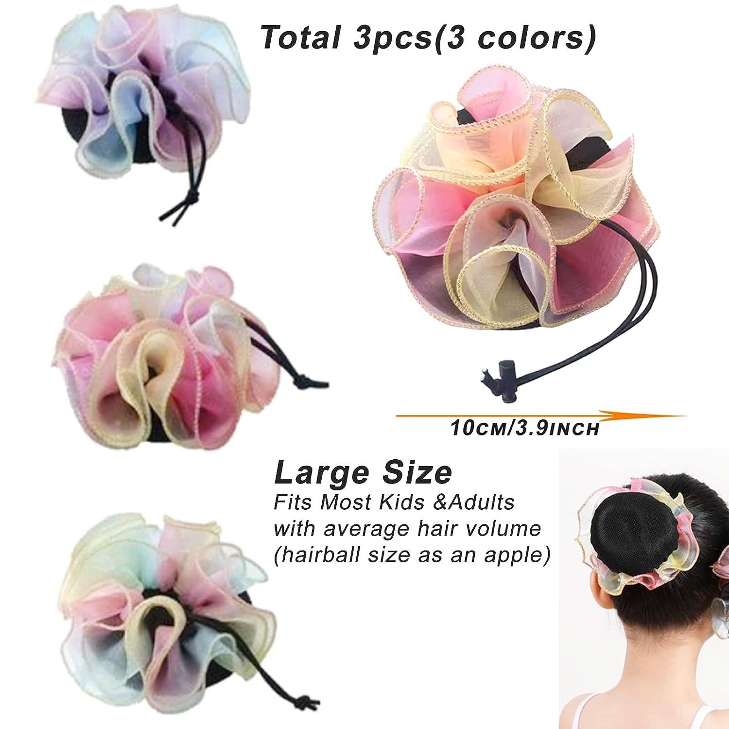 AsggBah 3pcs Colored Hair Net Bun Covers with Flowers Deco Dance Snood Hair Net Accessories for