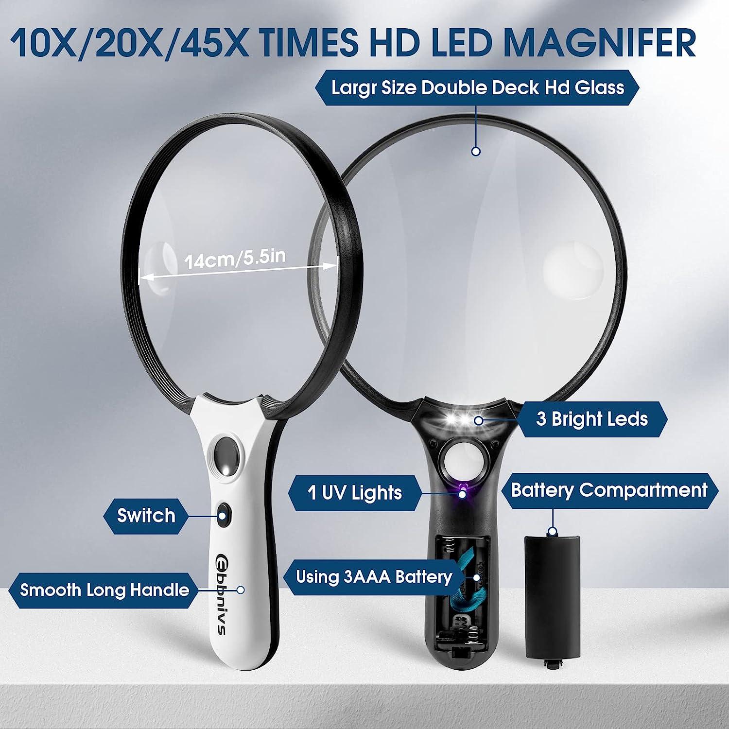 Large Magnifying Glass with Light, Magnifier 10X 25X 45X Handheld  Illuminated Lighted Magnifier with 3 LED Lights 1UV Light Storage Bag Clean  Cloth for Seniors Reading Inspection