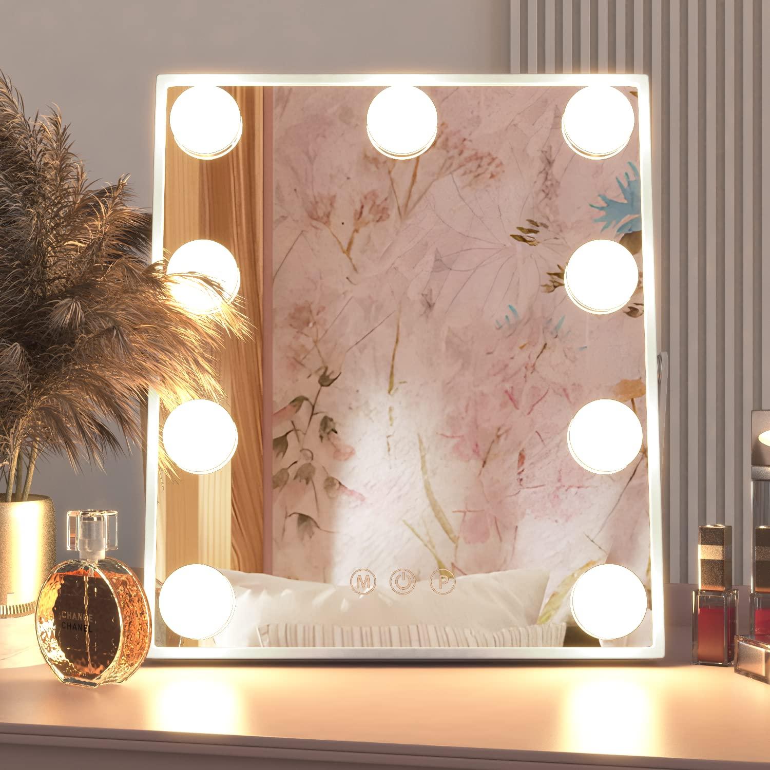 Manocorro 9 LED Bulbs Hollywood Vanity Mirror with Lights Hollywood Makeup Mirror  Small Vanity Lighted Mirror with 3 Color Lighting Modes Smart Touch Control  Plug in Light Up White