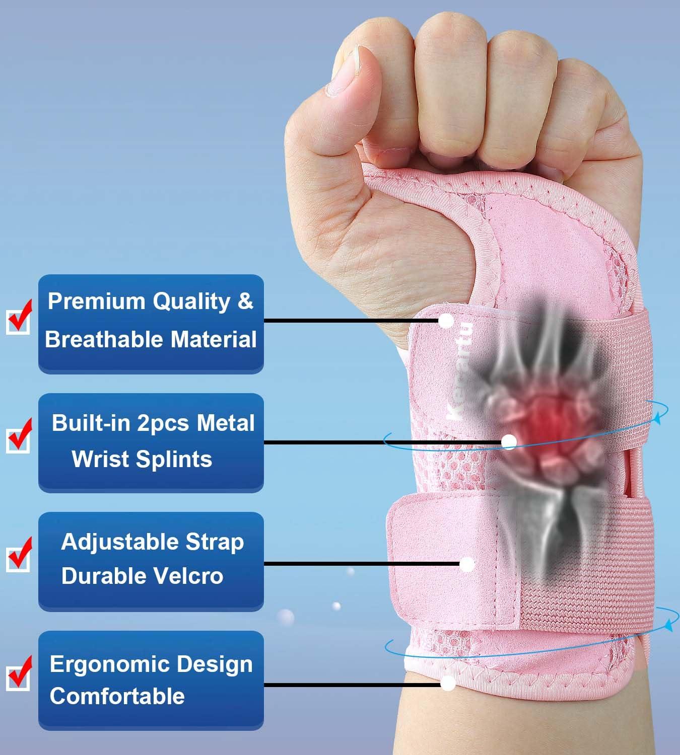 Wrist Brace For Carpal Tunnel Relief - Adjustable Support Splint For Sleeping | Pink Left Hand S/M Size