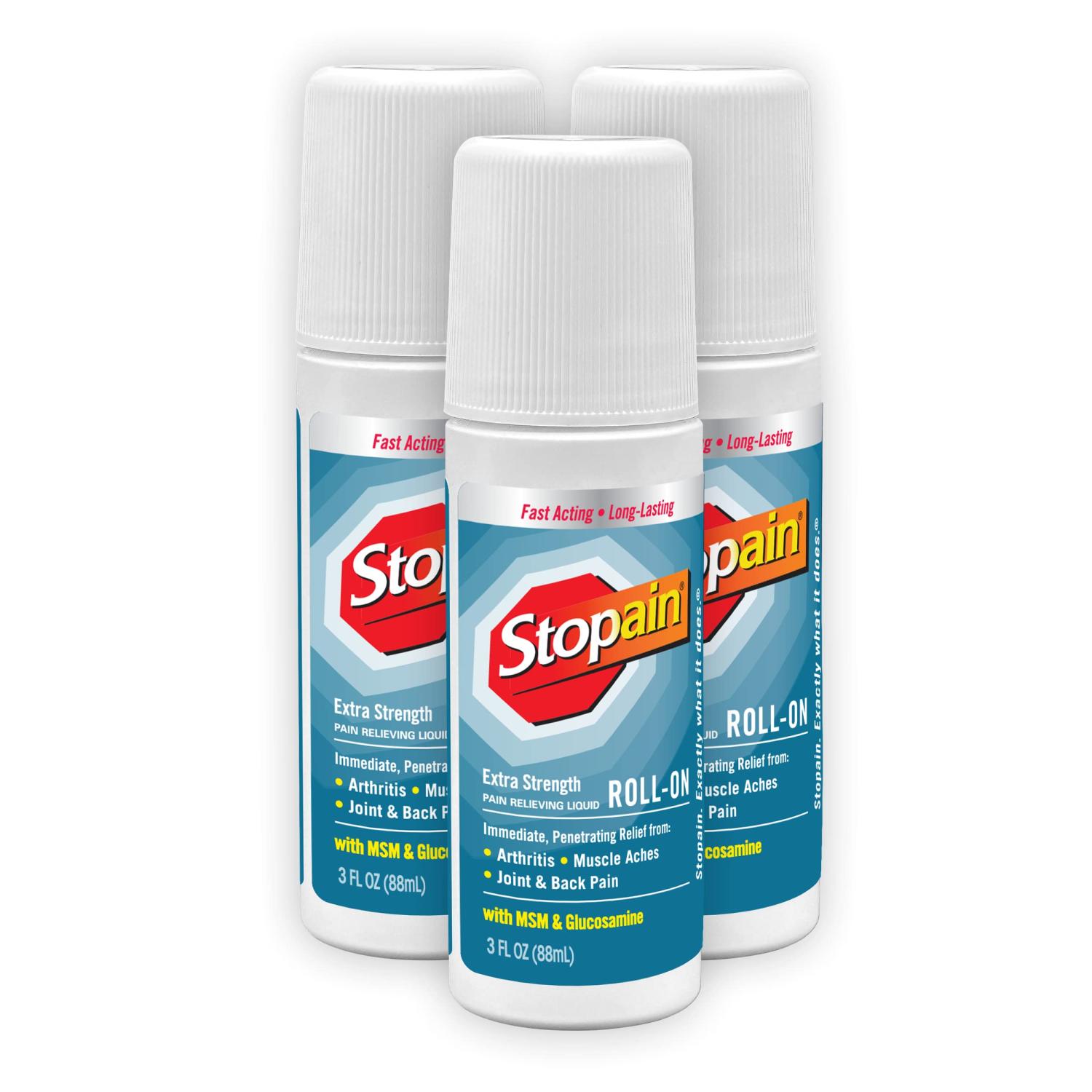 Stopain Pain Relief Roll On Gel 3oz (3 Pack) USA Made Max Strength Fast Acting With MSM