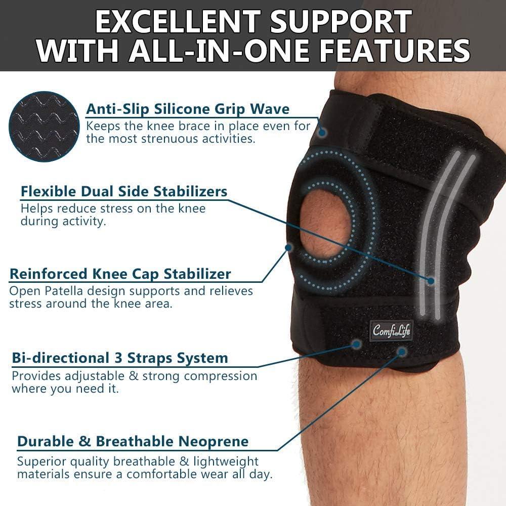 ComfiLife Knee Brace for Knee Pain Relief Neoprene Knee Brace for Working  Out Running Injury Recovery Side Stabilizers 3 Point Adjustable Compression  Open Patella Support Non-Slip (Medium) Medium (Pack of 1)