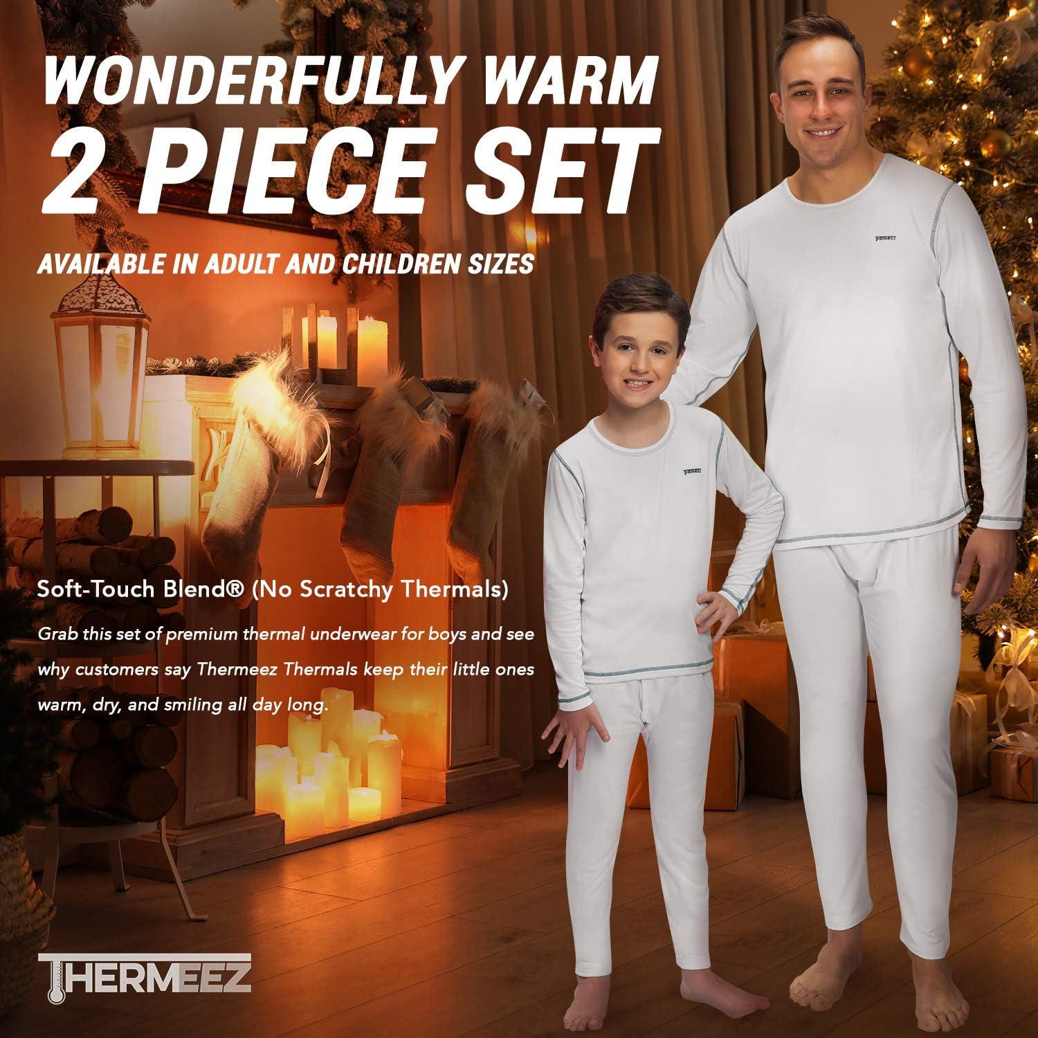 Thermal Underwear for Boys (Thermal Long Johns) Sleeve Shirt & Pants Set,  Base Layer w/Leggings Bottoms Ski/Extreme Cold White Small