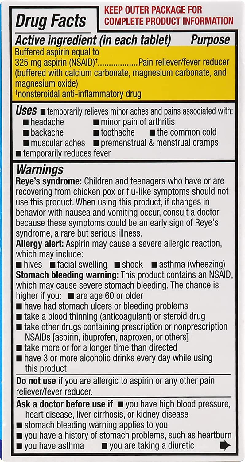 BUFFERIN Aspirin Pain Reliever/Fever Reducer Coated Tablets, 325mg, 130