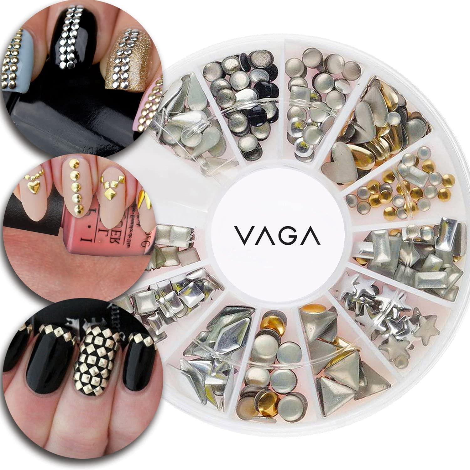VAGA Professional Manicure 3d Nail Art Decorations For Nail Art Supplies  This Wheel Includes Gold And Silver Metal Studs In 12 Different Shapes, the  Perfect Nail Jewelry and Decorations