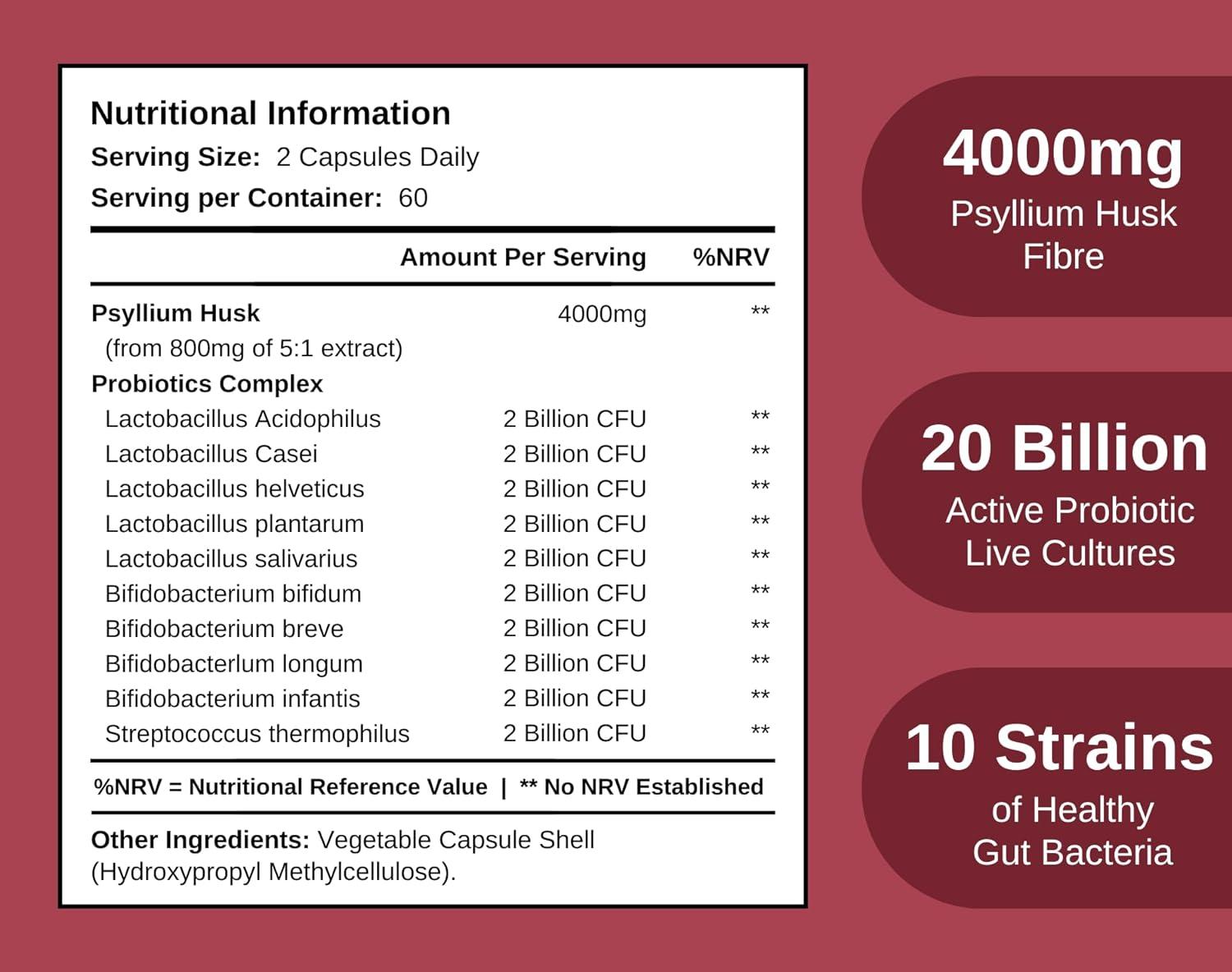 Powerful 4000mg Psyllium Husk Fibre with Probiotics 20 Billion CFU with