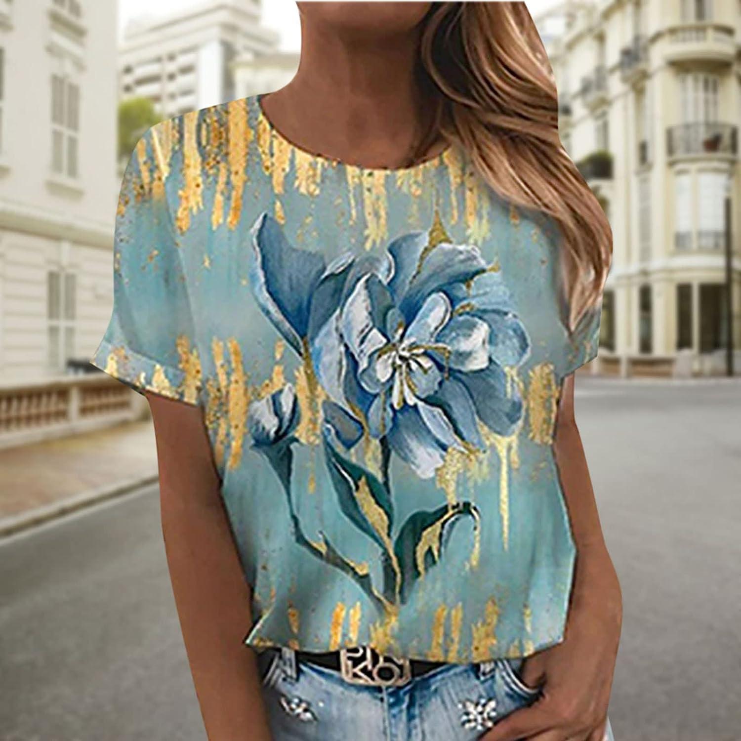 T Shirts for Women Casual Vintage Flowers Printed Blouse Short