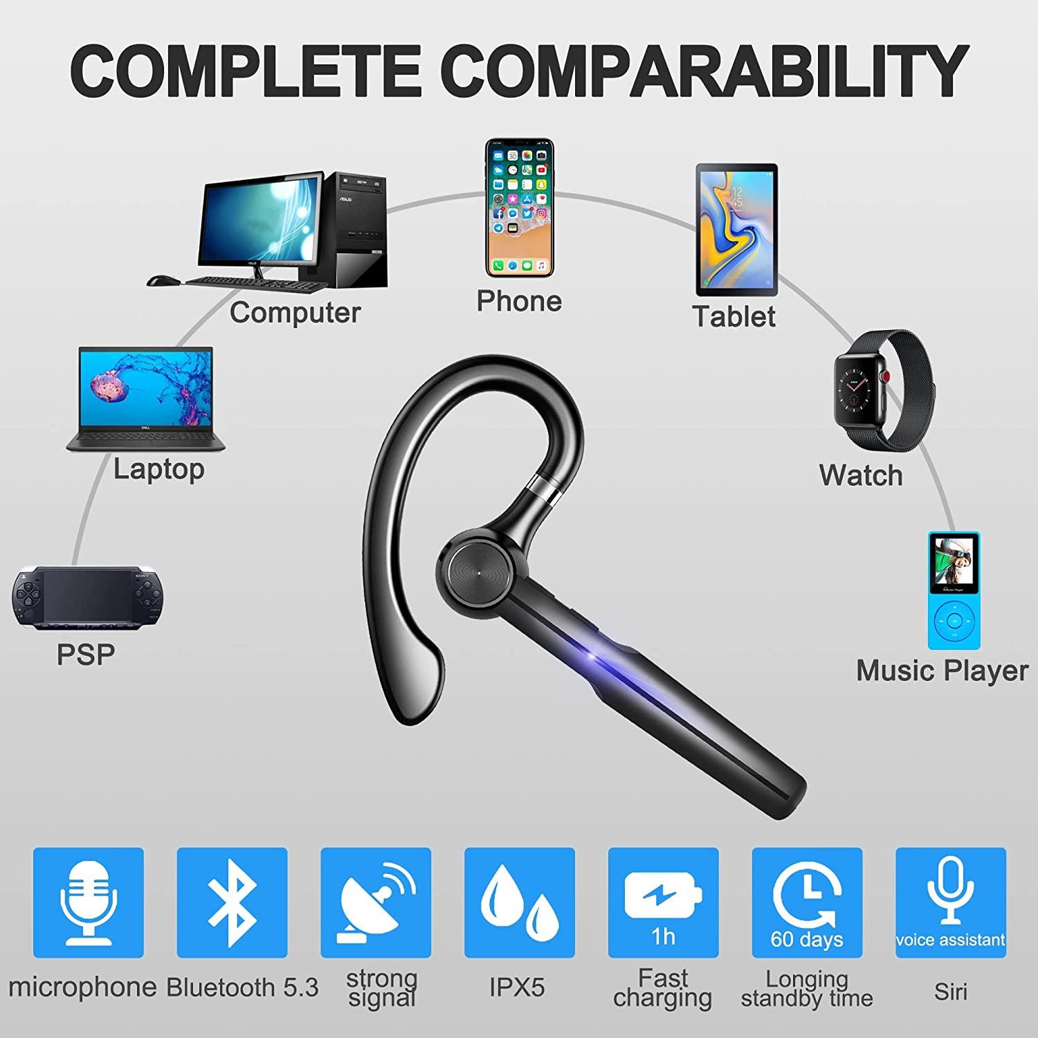 Bluetooth Headset with Microphone,48Hrs V5.3 Handsfree Wireless Headset  Bluetooth Earpiece for Cell Phone/Business/Office/Driving/Trucker Driver, Bluetooth Headphones Earbuds for iPhone Android Samsung Black