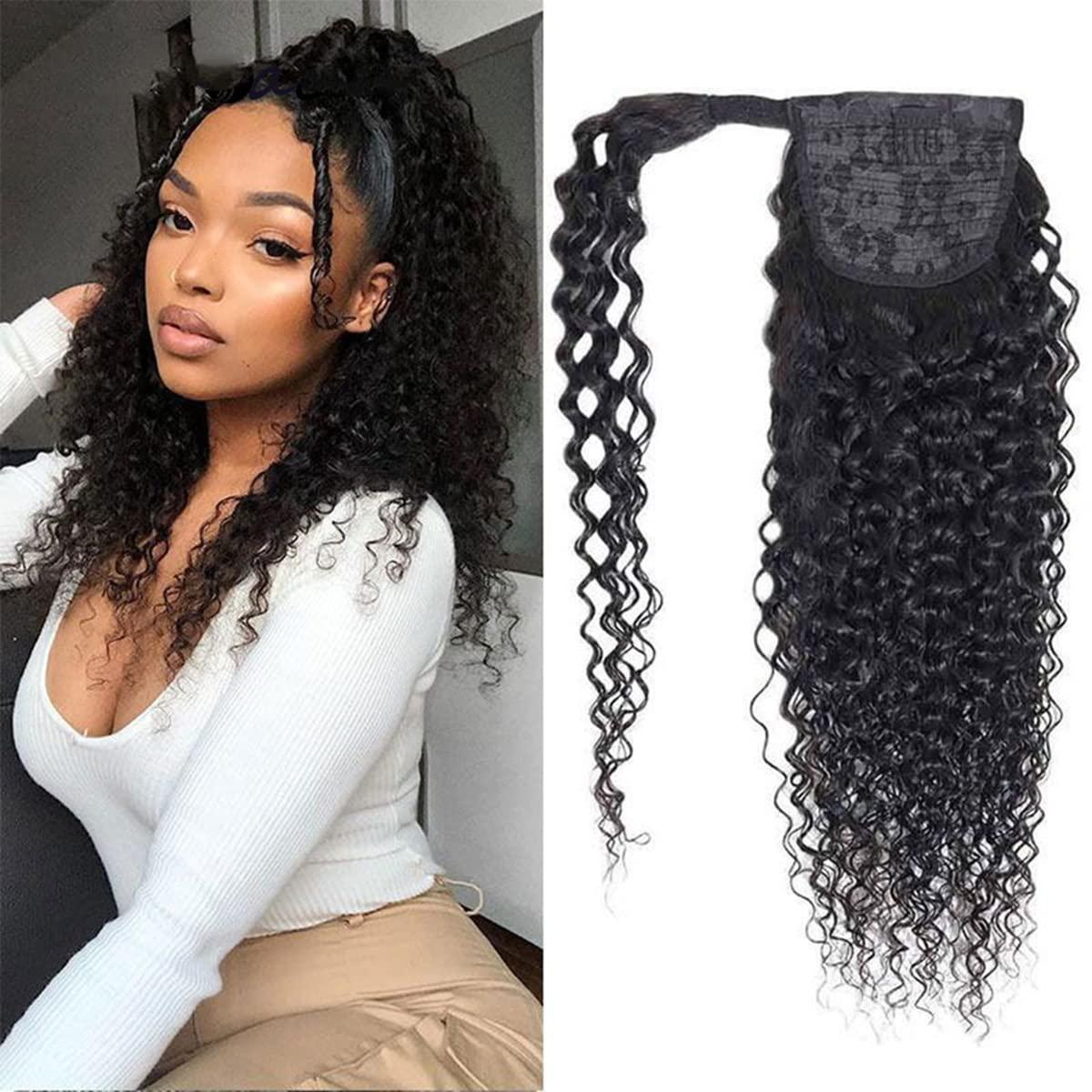 Seelaak Kinky Curly Human Hair Ponytail Extensions with Wrap Around 10A  Brazilian Ponytail Human Hair Afro Curly Ponytail Clips in Human Hair  Extension Long Curly Wavy Ponytail 1B# 20 Inch … 20