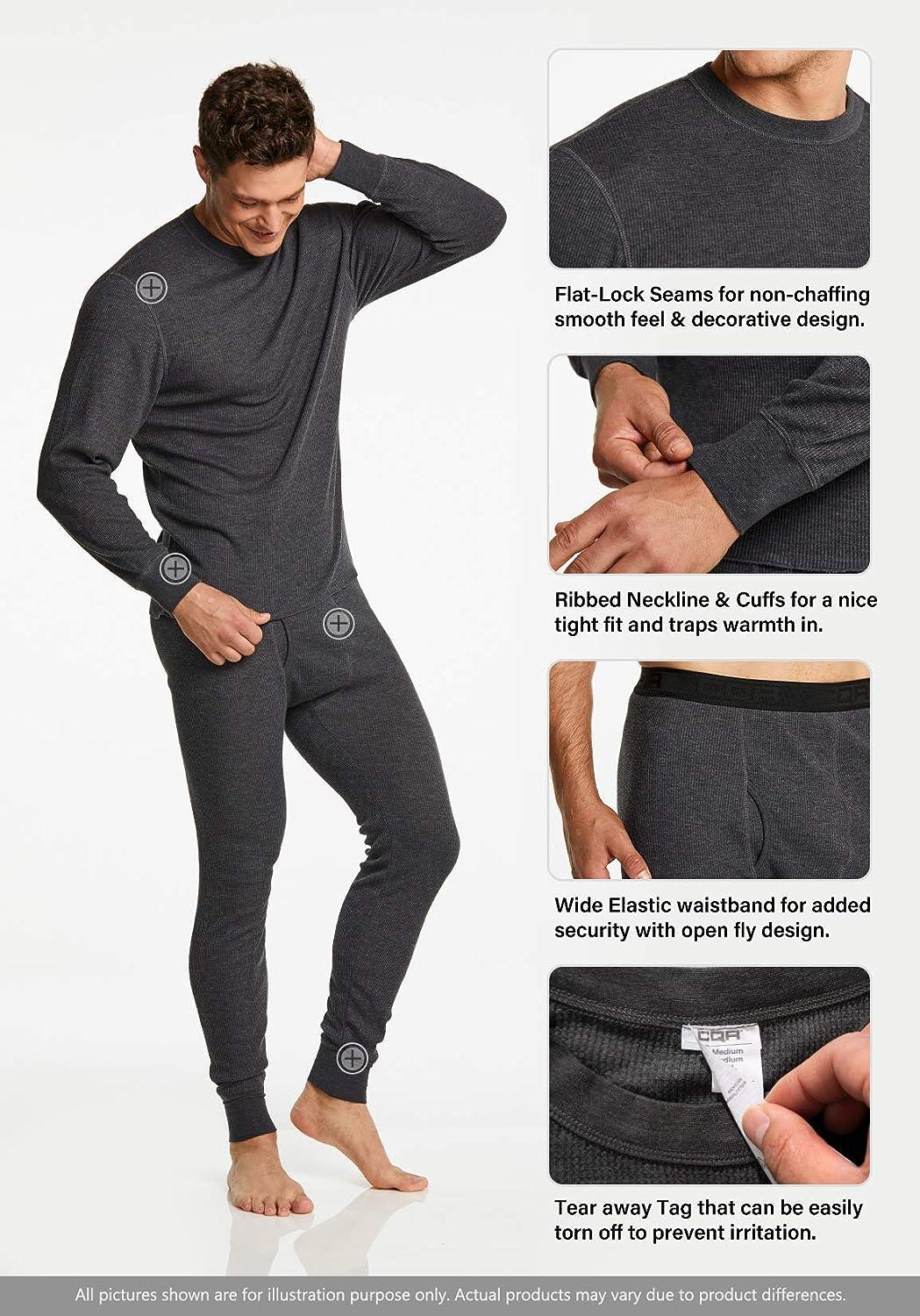 Long John Thermal Set Underwear for Men, Black Waffle Knit Pajamas