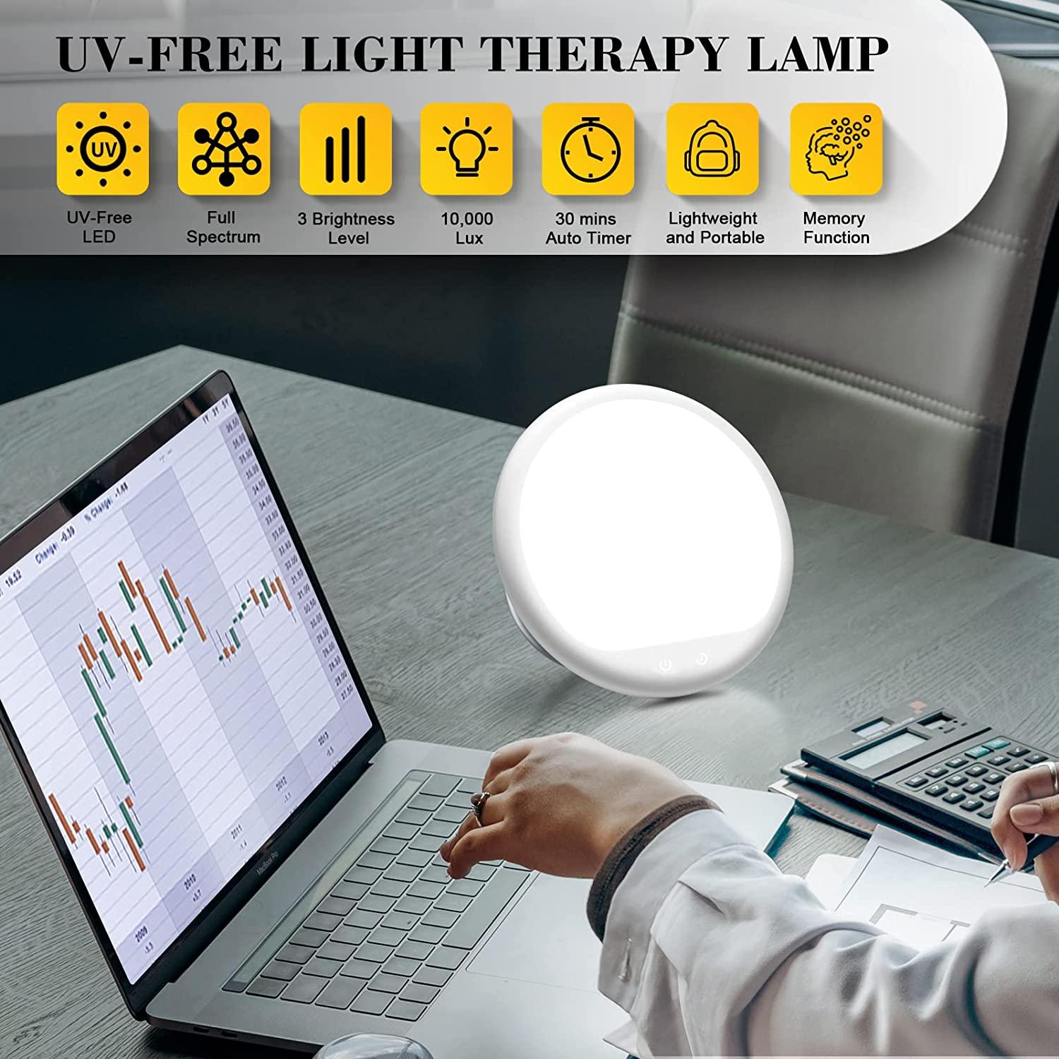 Light Therapy UV-Free 10000 Lux Light Therapy Sun Lamp with 3 Adjustable Brightness, Timer Function Control, 90° Rotatable Stand, Sunlight Lamp for Work from Home Office