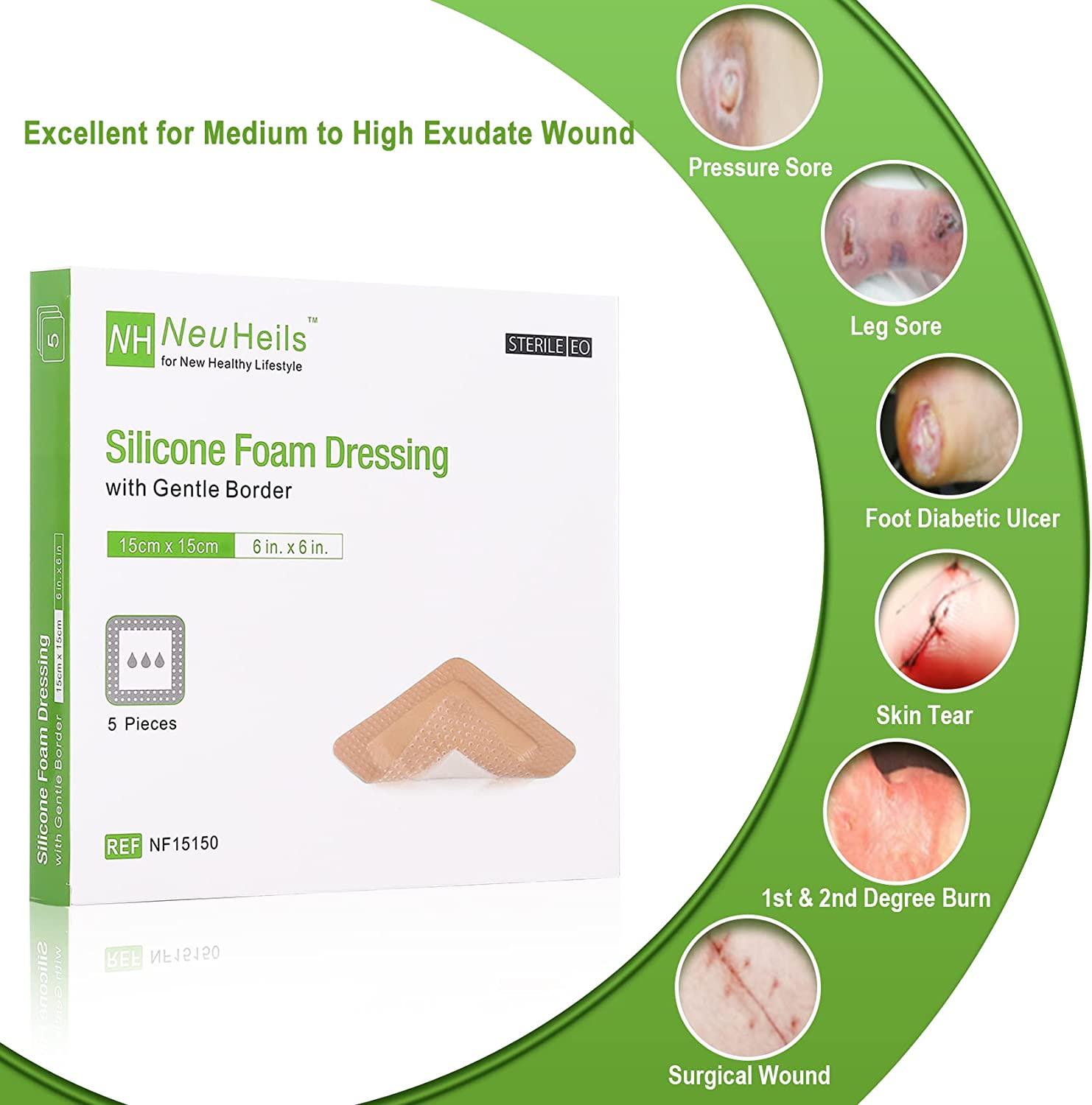 Silicone Adhesive Foam Dressing 6x6 inch, 5Pack High Absorbency
