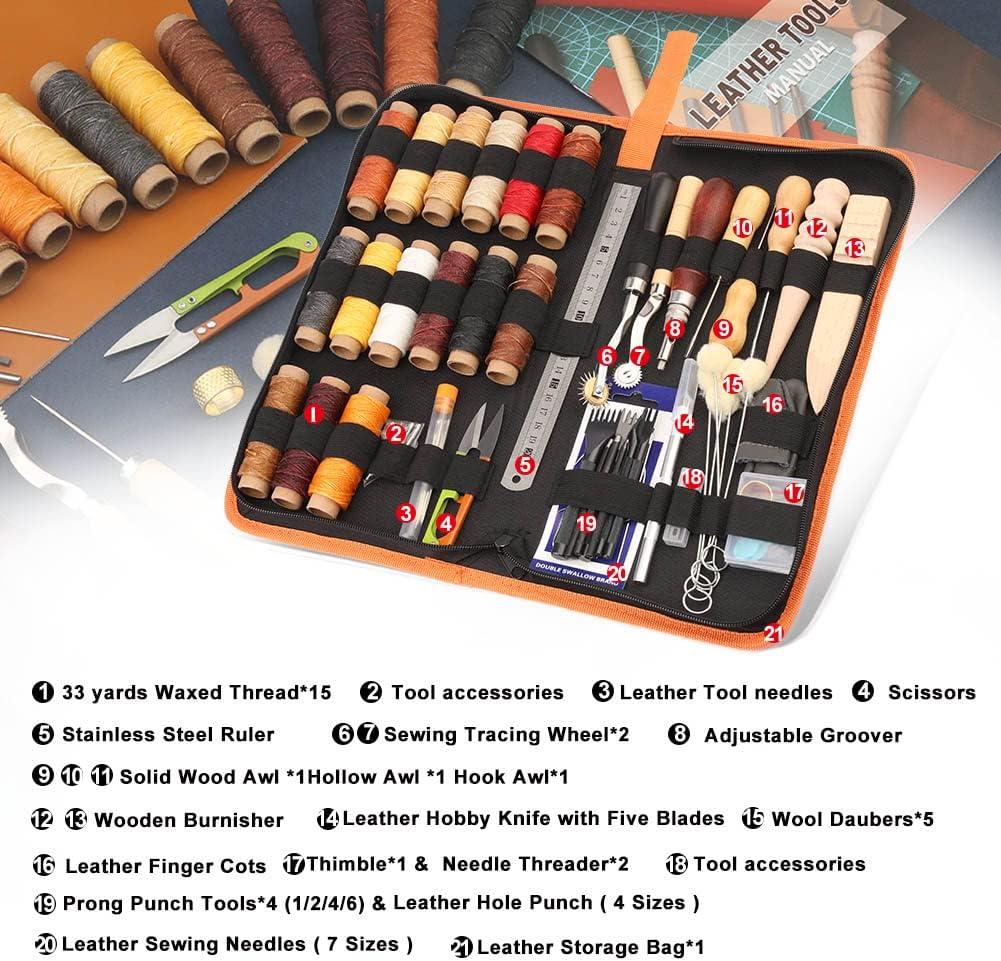 BUTUZE Leather Working Tools, Leather Tool Kit, Practical Leather Craft Kit  with Waxed Thread Groover Awl Stitching Punch Hole for Leathercraft  Beginner or Adults Gifts - Comes with Tool Manual