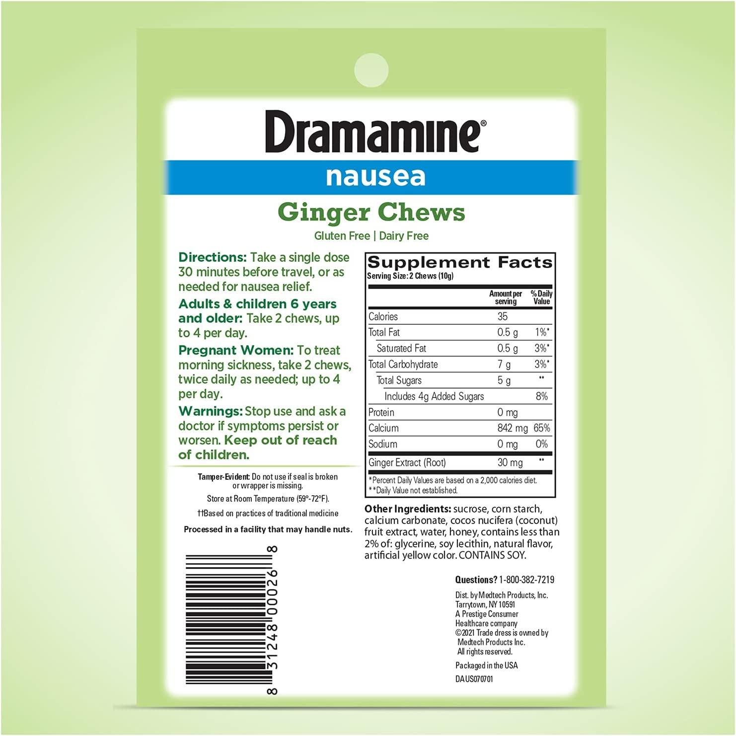Dramamine Ginger Chews, Relieves Nausea, Lemon Honey Ginger Flavor, 20