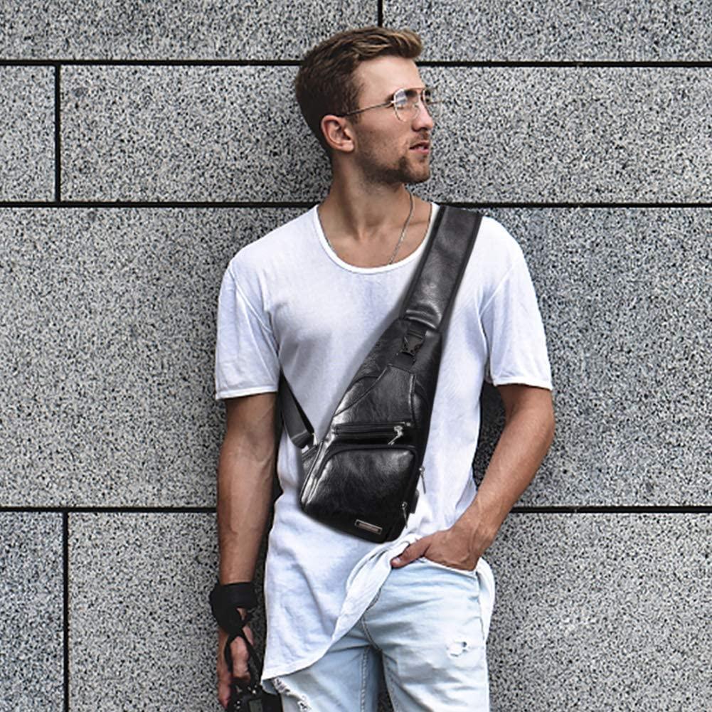 Men's Leather Sling Bag,Chest Shoulder Daypack Waterproof Crossbody Bag  with USB Black