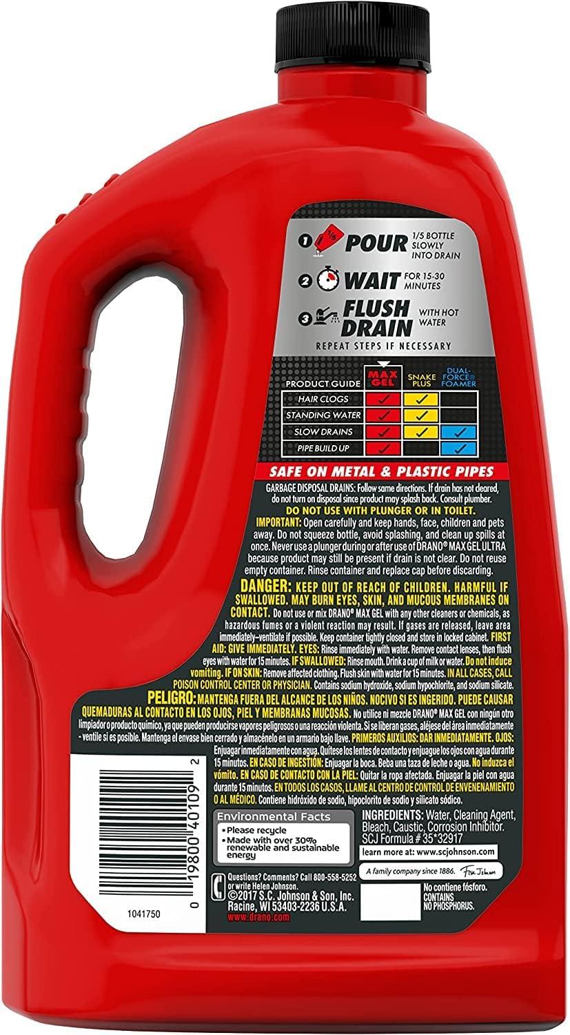  Drano Max Gel Drain Clog Remover and Cleaner for Shower or Sink  Drains, Unclogs and Removes Hair, Soap Scum and Blockages, 32 Oz : Health &  Household
