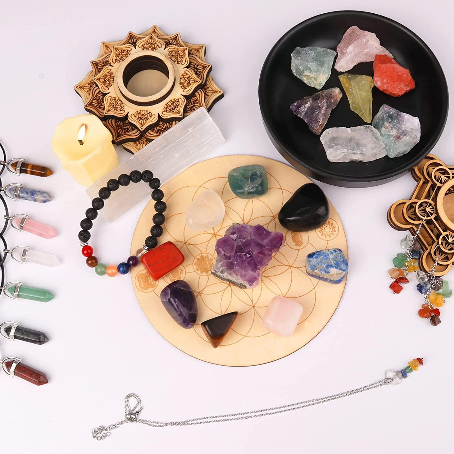Healing Crystals Set Include 7 Chakra Stones, 7 Tumbled Stones, 7 Crystals  Necklaces, 3 Crystals Jewelry,Amethyst Crystal and Selenite,Clear Quartz,2  Storage Bags,7 Jewelry Ropes-36 PCS 36packs