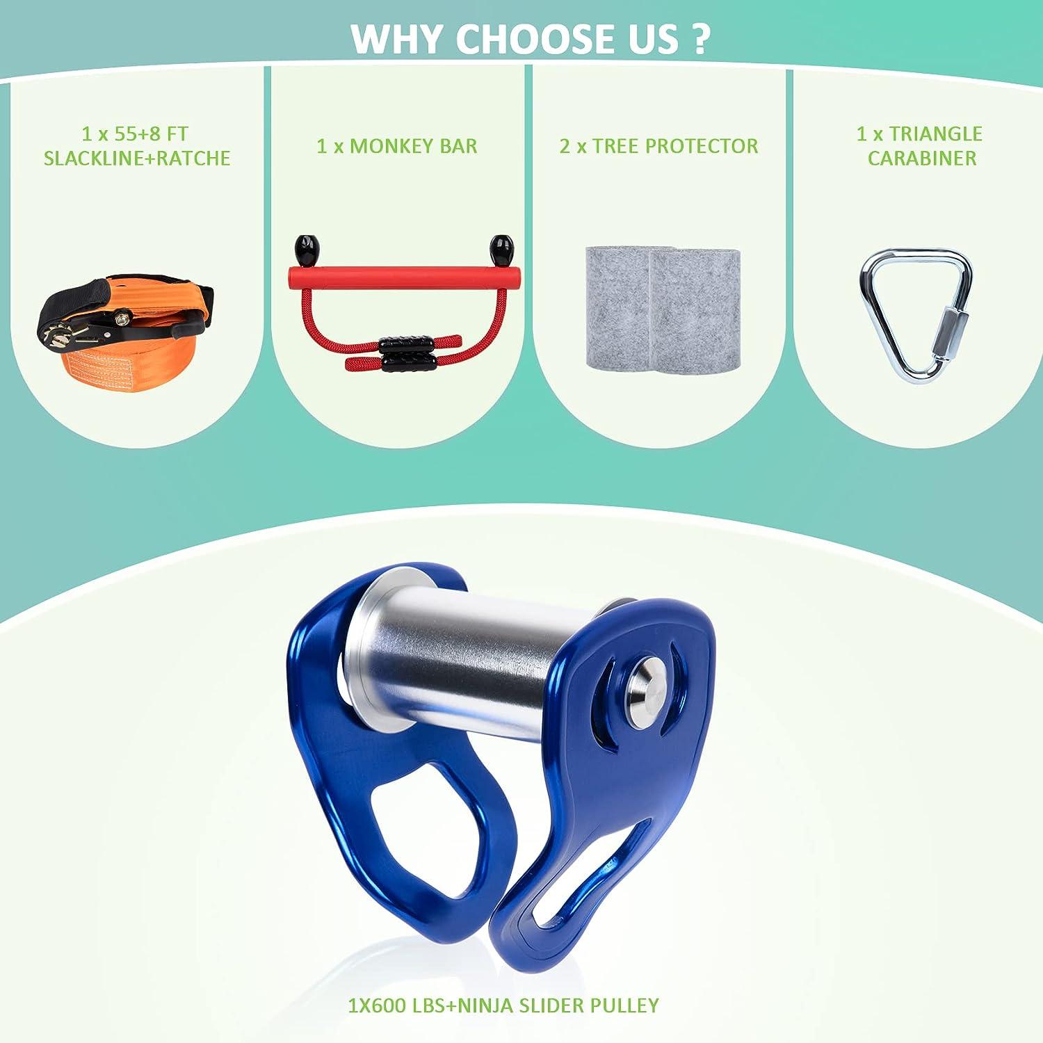 Slackline Pulley 63 FT Zipline Pulley kit for Backyard, Slackline