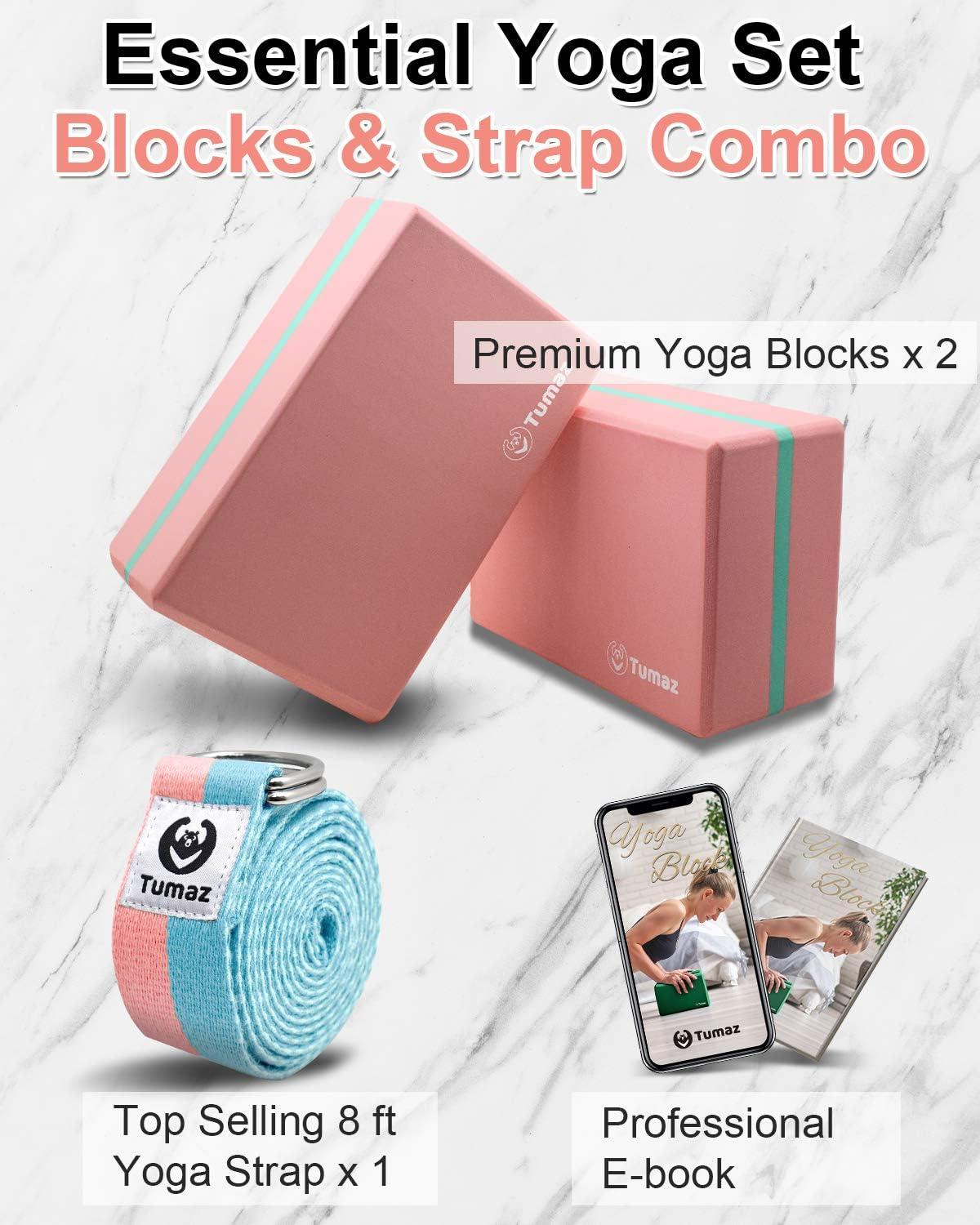 Tumaz Yoga Blocks 2 Pack with Strap Set, High Density/Lightweight EVA Foam Yoga  Blocks or Non-Slip Solid Natural Cork Yoga Blocks Set & Premium Yoga Brick  for All Yogi E-Book Included EVA