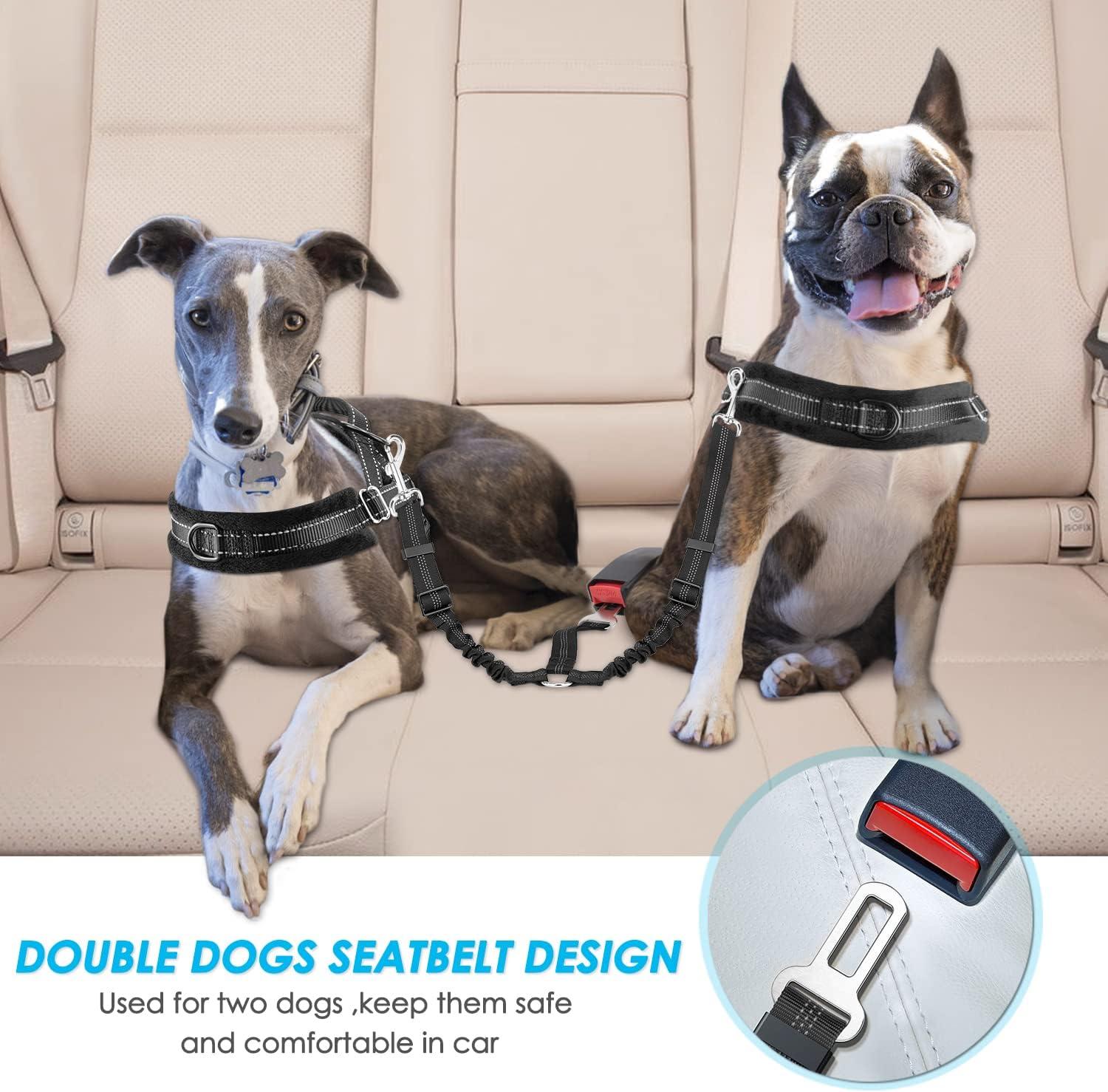 Lukovee Reflective Double Car Seatbelt for Dogs Adjustable