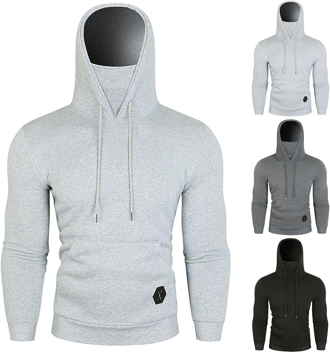 Mens Hoodie Sweatshirt Face Mask Stylish Slim Fit Outdoor Sports Pullover  Sunblock Shirt Sun Shield Long Sleeve Shirt UPF50 Dark Gray