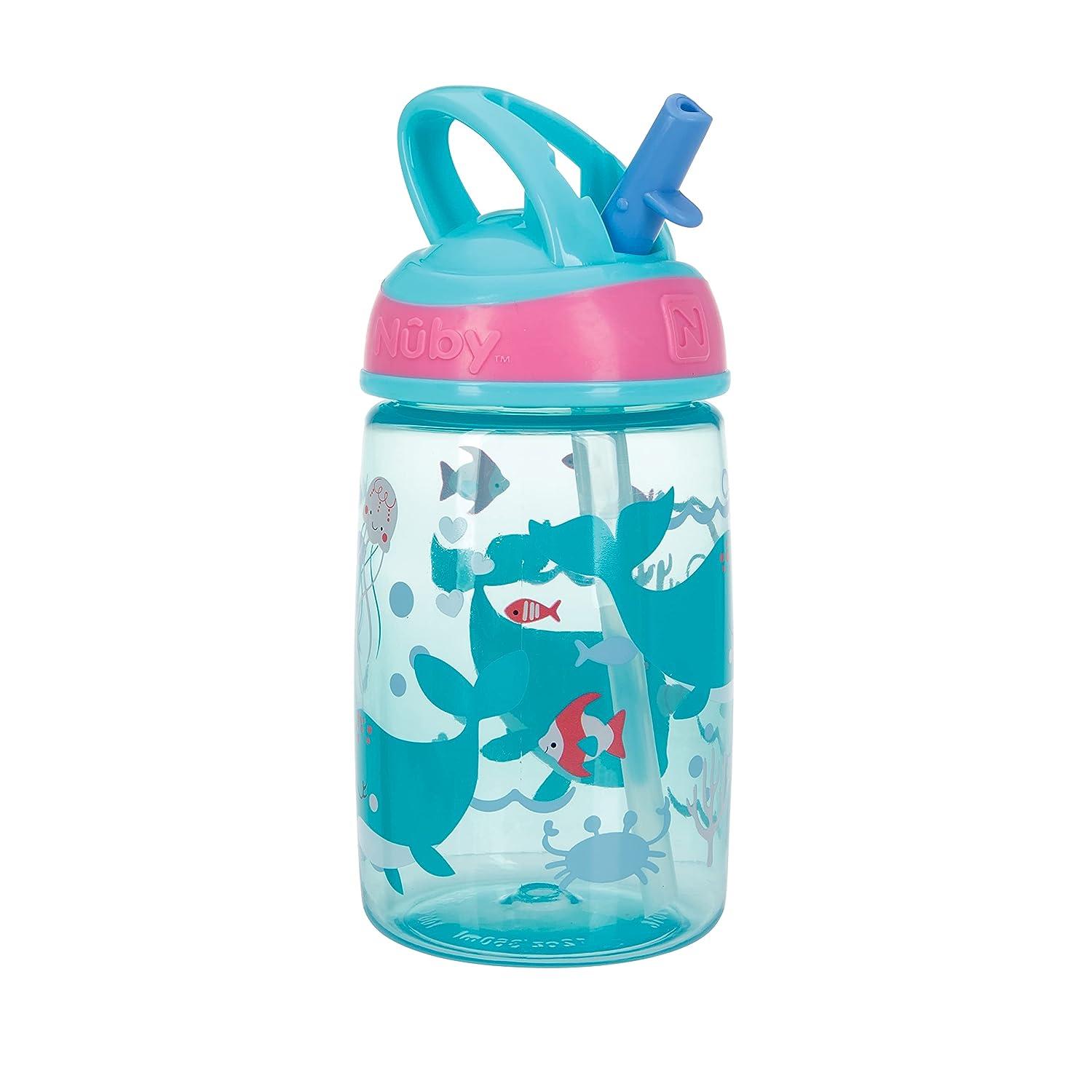 Nuby Flip-it Kids On-The-Go Printed Water Bottle with Bite Proof Hard Straw  - 12oz / 360 ml, 18+ Months, 1pk Friendly Monsters
