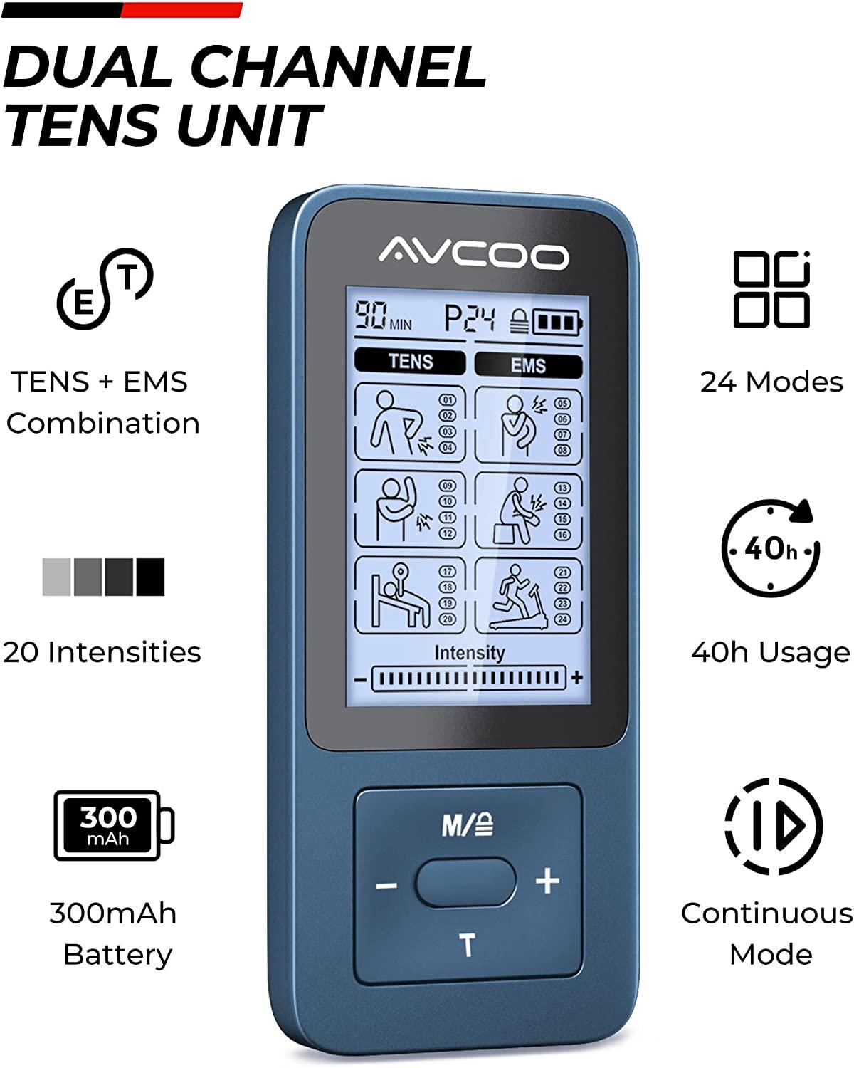 Portable 24 Modes TENS EMS Unit, AVCOO Rechargeable TENS Machine Electronic  Pulse Massager for Pain Relief, Muscle Stimulator with 10 Electrode Pads, 2  x Battery Life, Belt Clip (Blue)