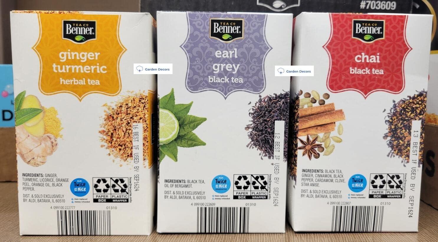 Benner's Assorted Tea Bags Ginger Turmeric Earl Grey Chai (Three Boxes)