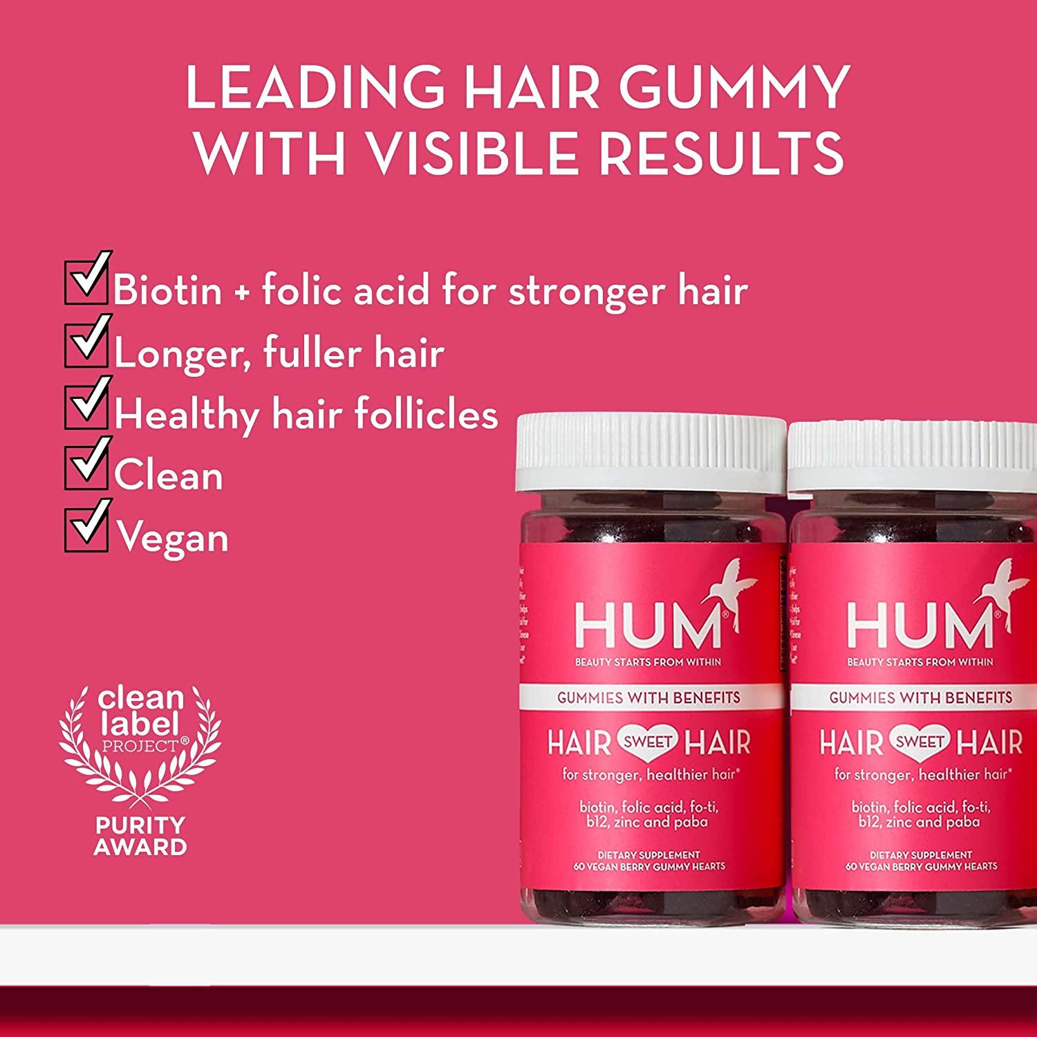 HUM Hair Sweet Hair - Hair Growth Biotin Gummies for Women - Vegan Hair  Gummies Formulated with Fo Ti, Biotin, Folic Acid, Zinc, Vitamin B12 & PABA  (60 Vegan Gummies) 60 Count (Pack of 1)