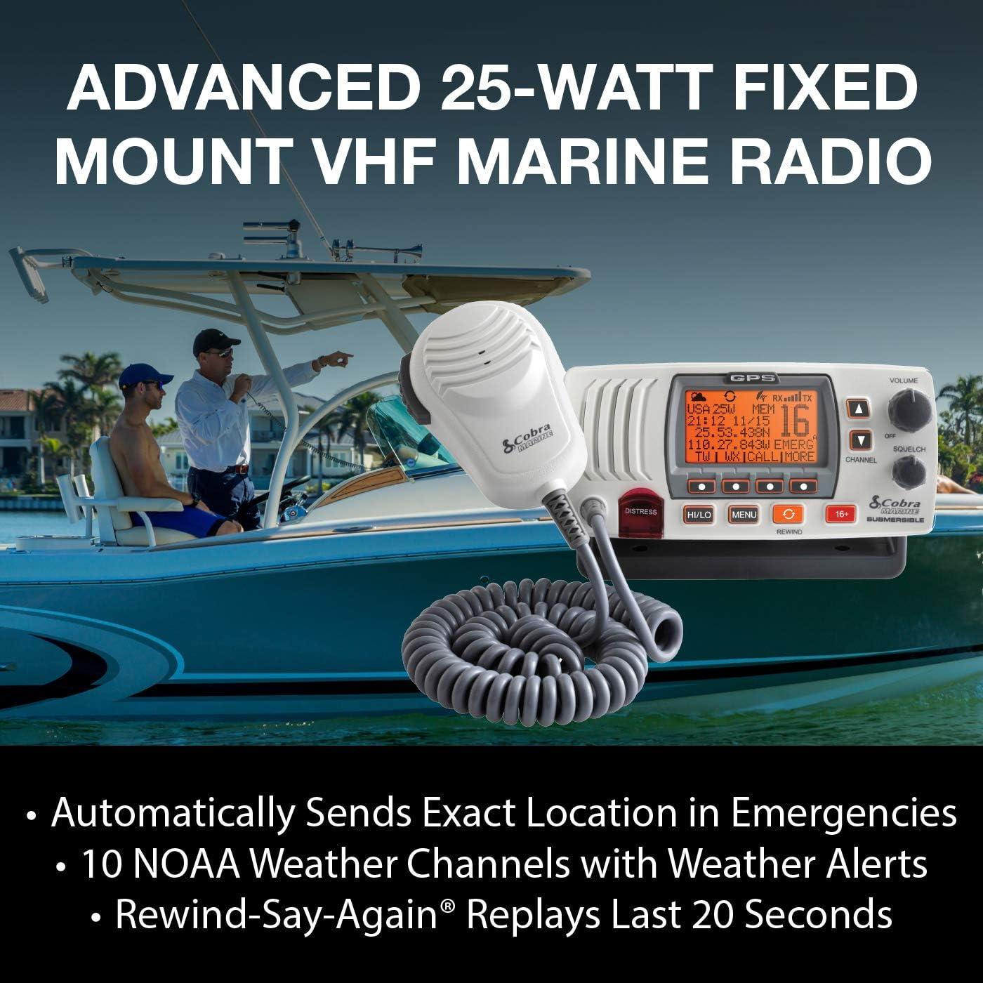 Cobra MR F77W 25W GPS Fixed Mount VHF Marine Radio Submersible, LCD Display, NOAA Weather White