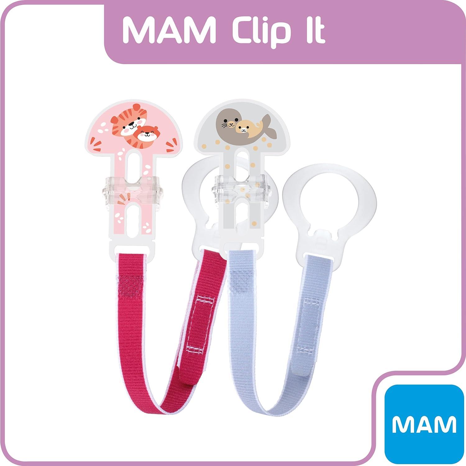 MAM Clip Per Ciuccio, Confezione Da 2 - Catena Regolabile Bianca Con Cinturino Blu (Ciucci Non Inclusi)