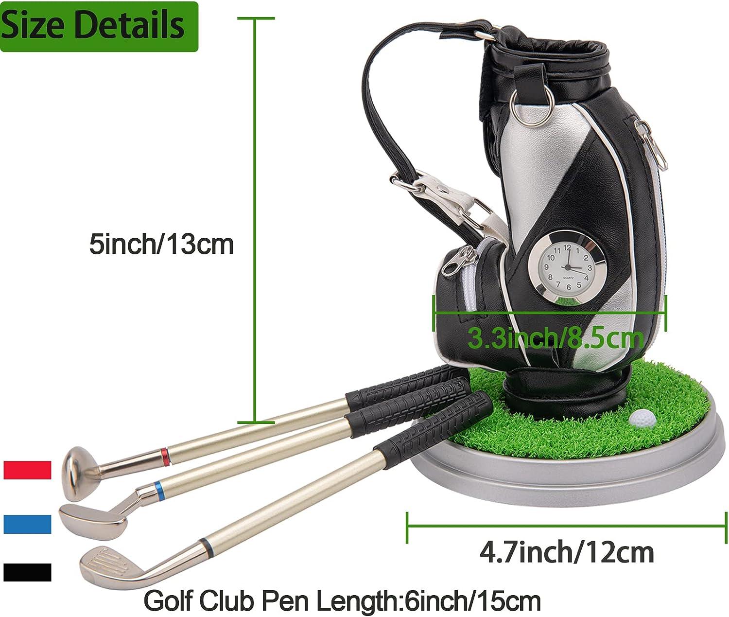 Golf Bag Pen Holder with Golf Pens Clock 3 Pieces Golf Club Pens Set, Mini Desktop Golf Bag Pen