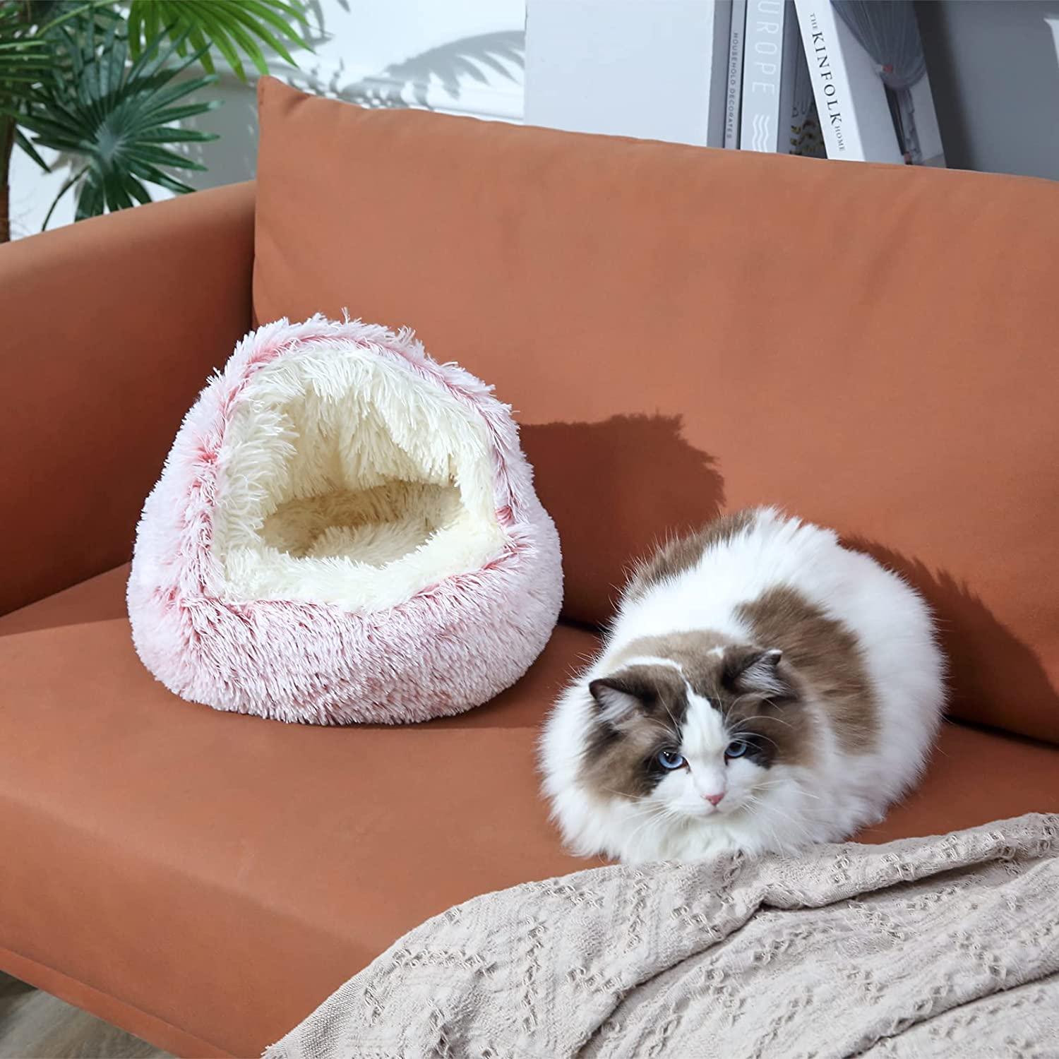 Cat Bed with Hooded Blanket, Round Soft Plush Burrowing Cave Hooded Cat
