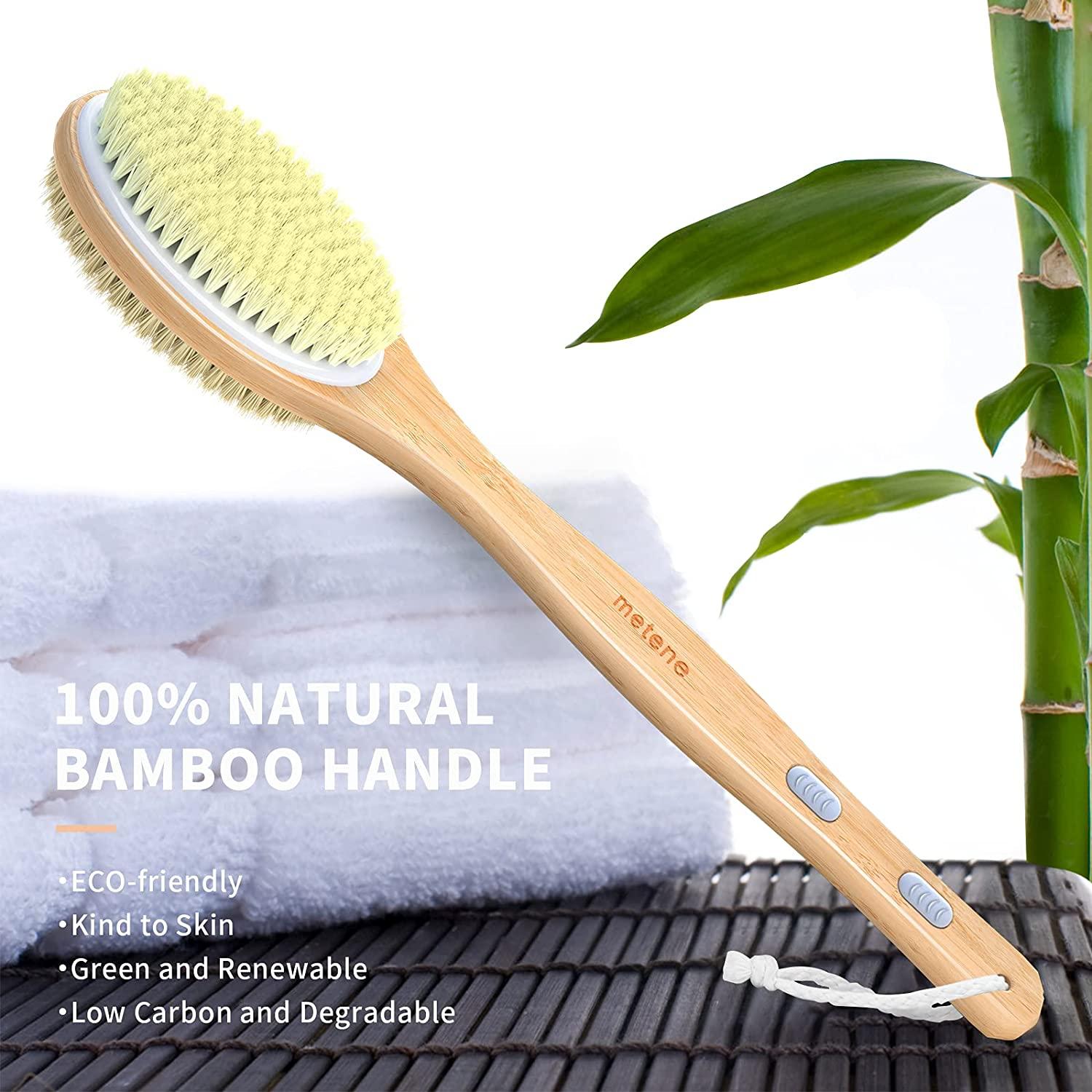 Metene Bamboo Body Brush with Stiff and Soft Natural Bristles, Back Scrubber for Shower with