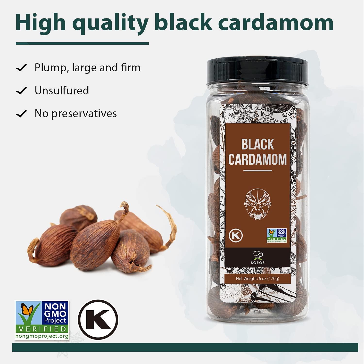 Soeos Black Cardamom 6 Ounces, NON GMO Verified, Kosher, Asian and