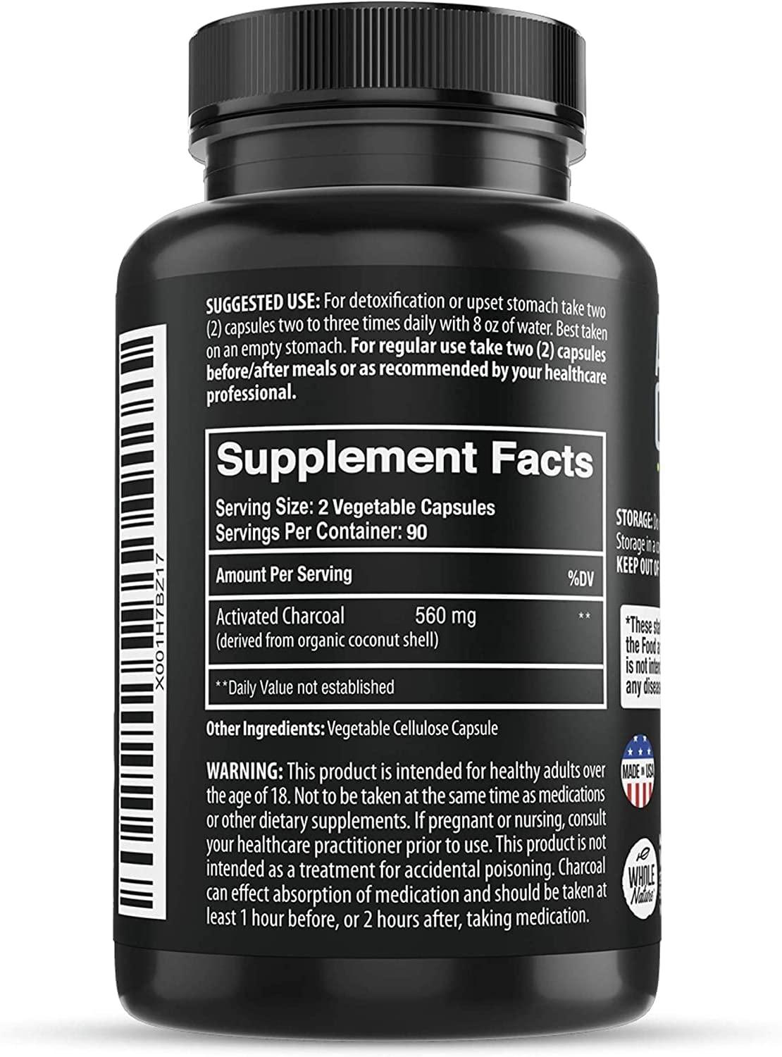 Coconut Activated Charcoal Capsules, 180 Charcoal Pills, Detox, Teeth