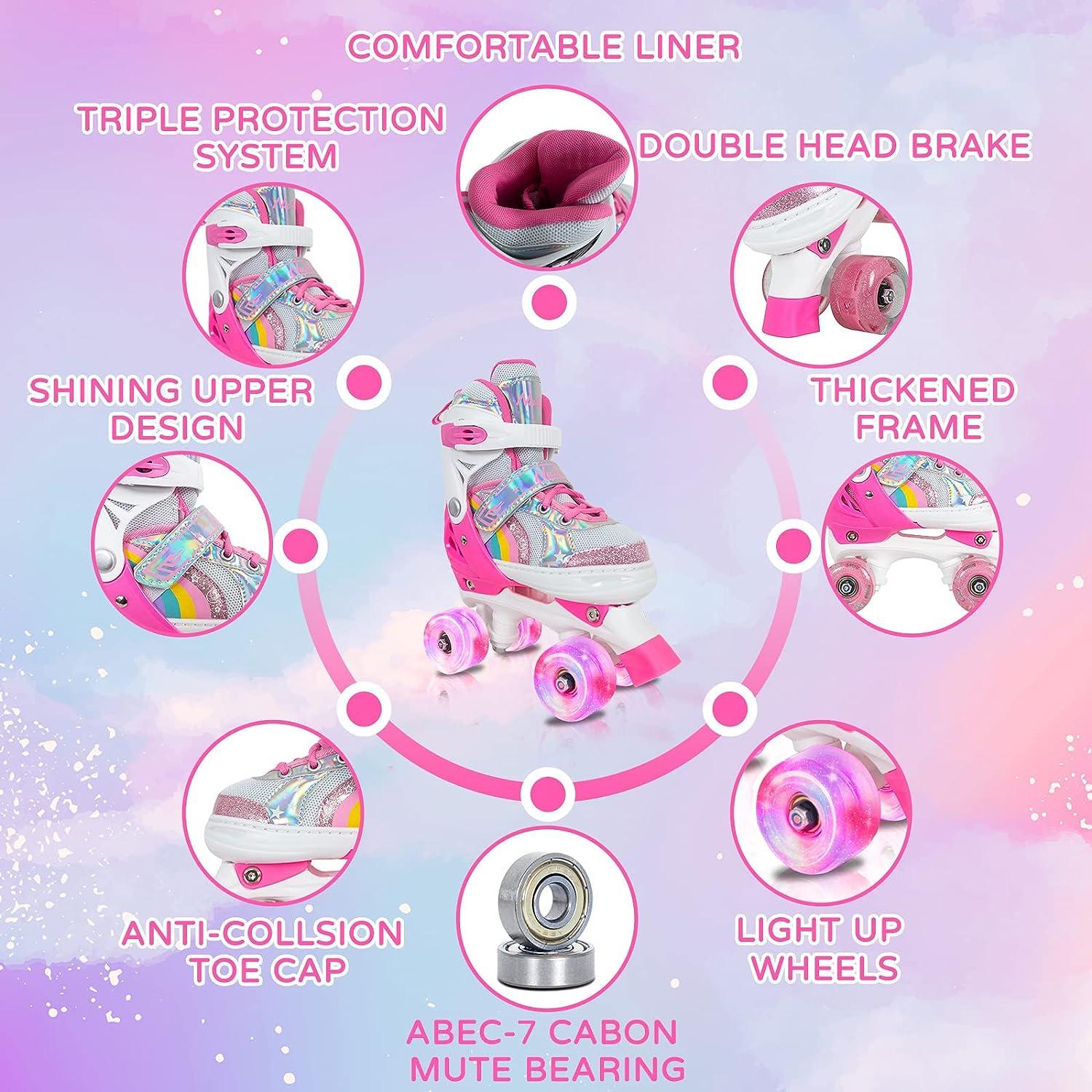 MammyGol 4 Size Adjustable Roller Skates with Full Light Up 8 Wheels for  Girls, Outdoor Indoor Toddler and Beginner Kids Rollerskate Size X-Small  Small Medium Ages 3-8 Quad Skates(Rainbow Pink) Small 