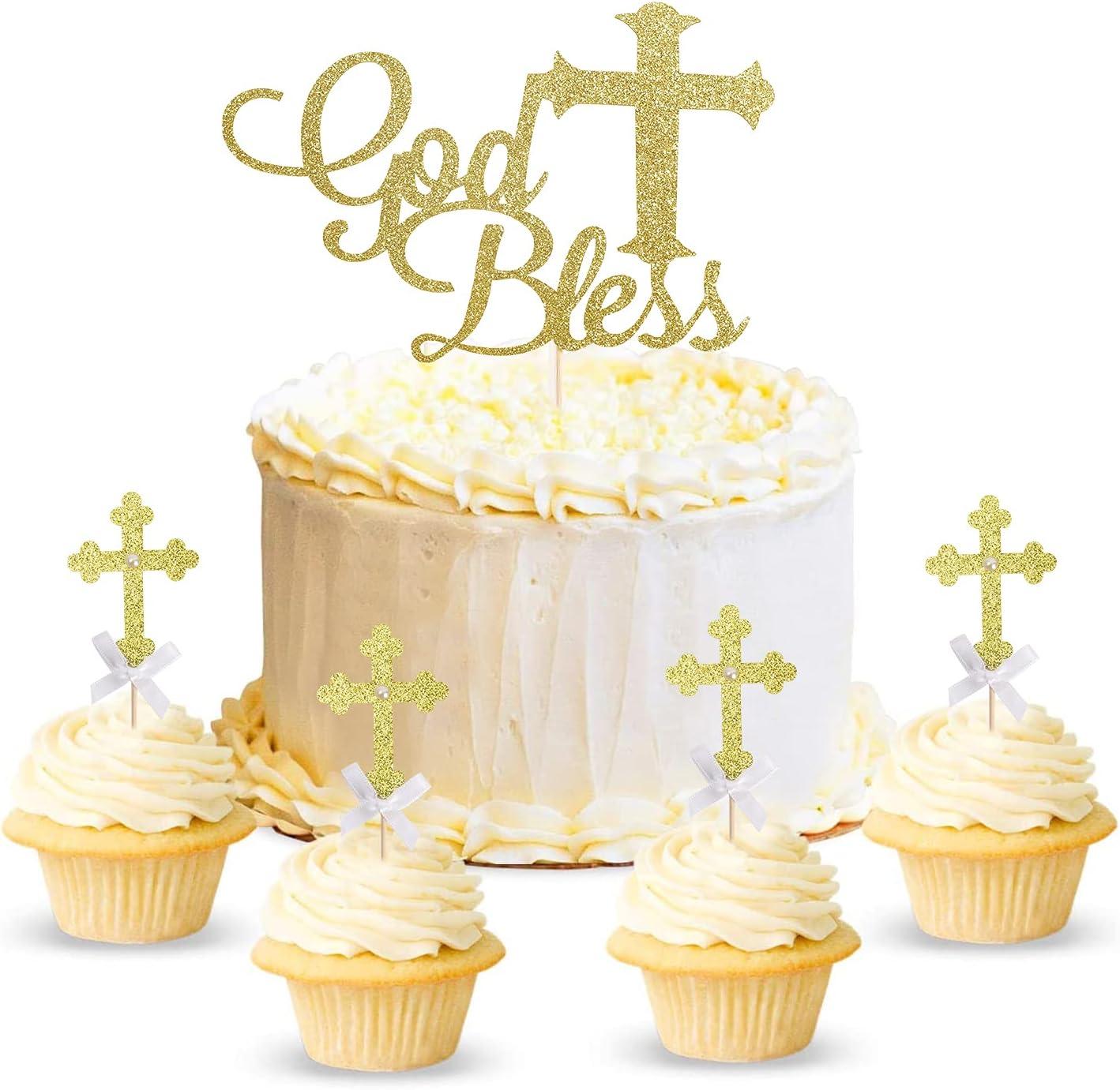Gyufise 30 Topper Cupcake Oro Glitter: God Bless This Child Con Croce E Angeli