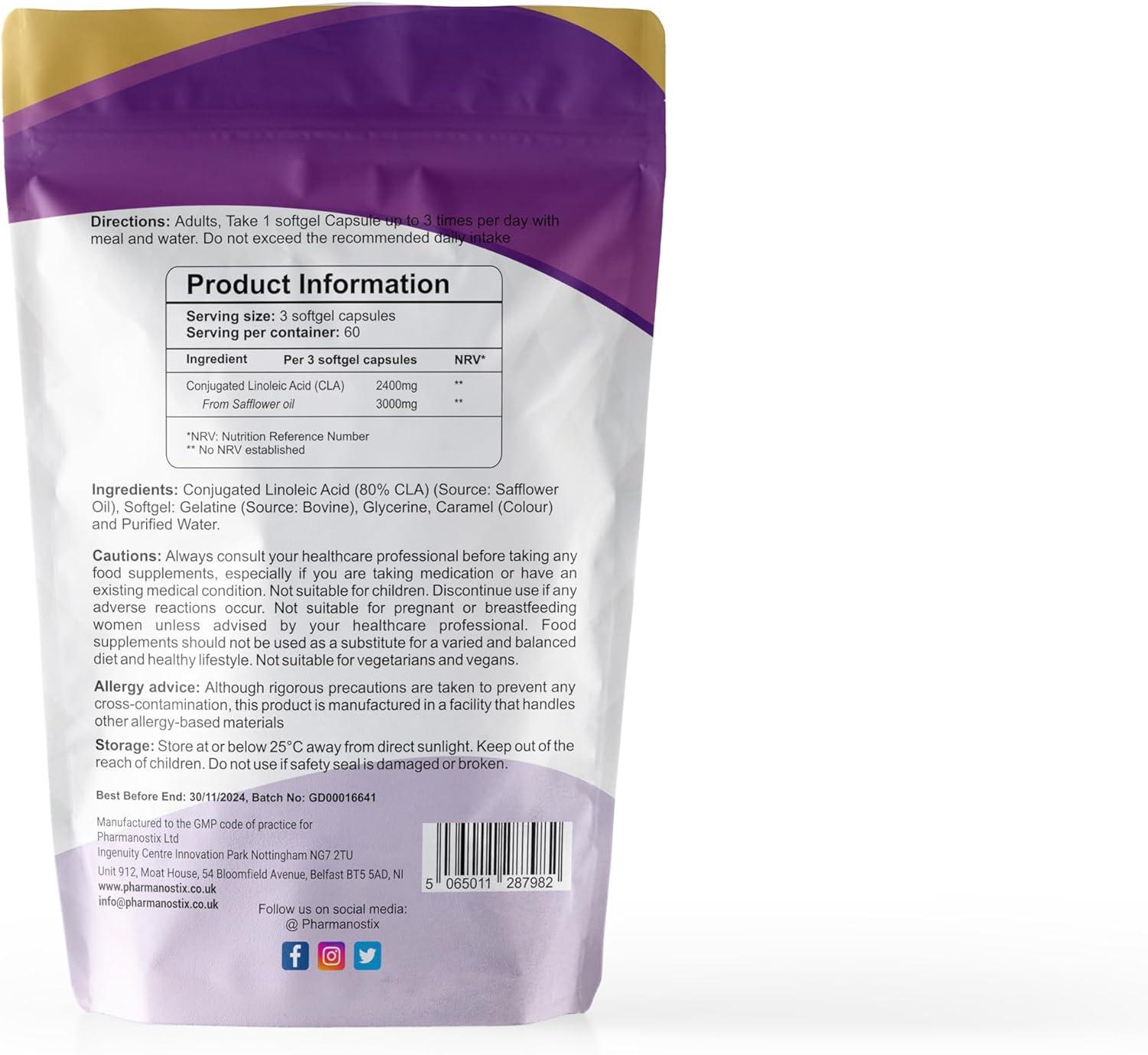 Pharmanostix CLA Conjugated Linoleic Acid Supplement 3000mg 180 Softgel Capsules 80 Active