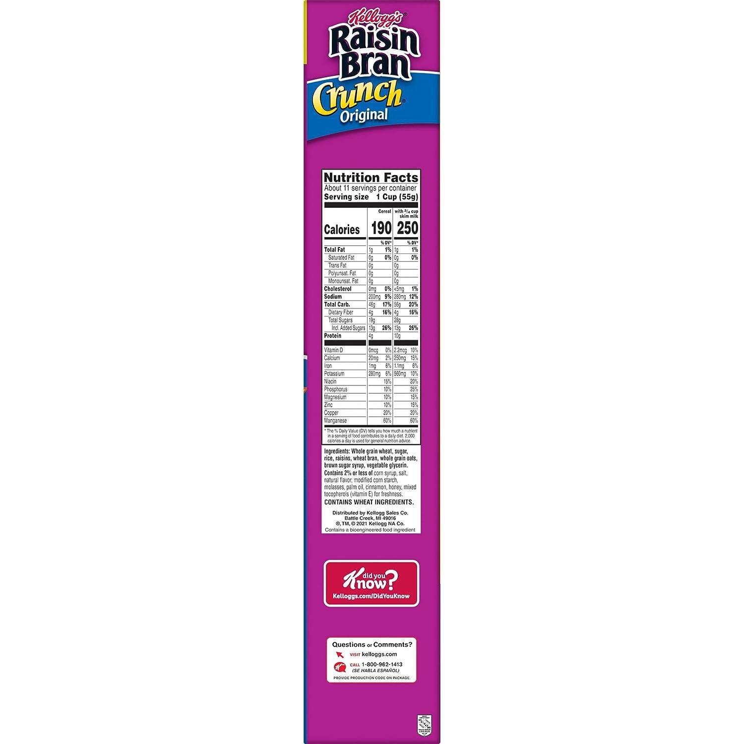 Kellogg's Raisin Bran Crunch Cold Breakfast Cereal, Fiber Cereal, Heart
