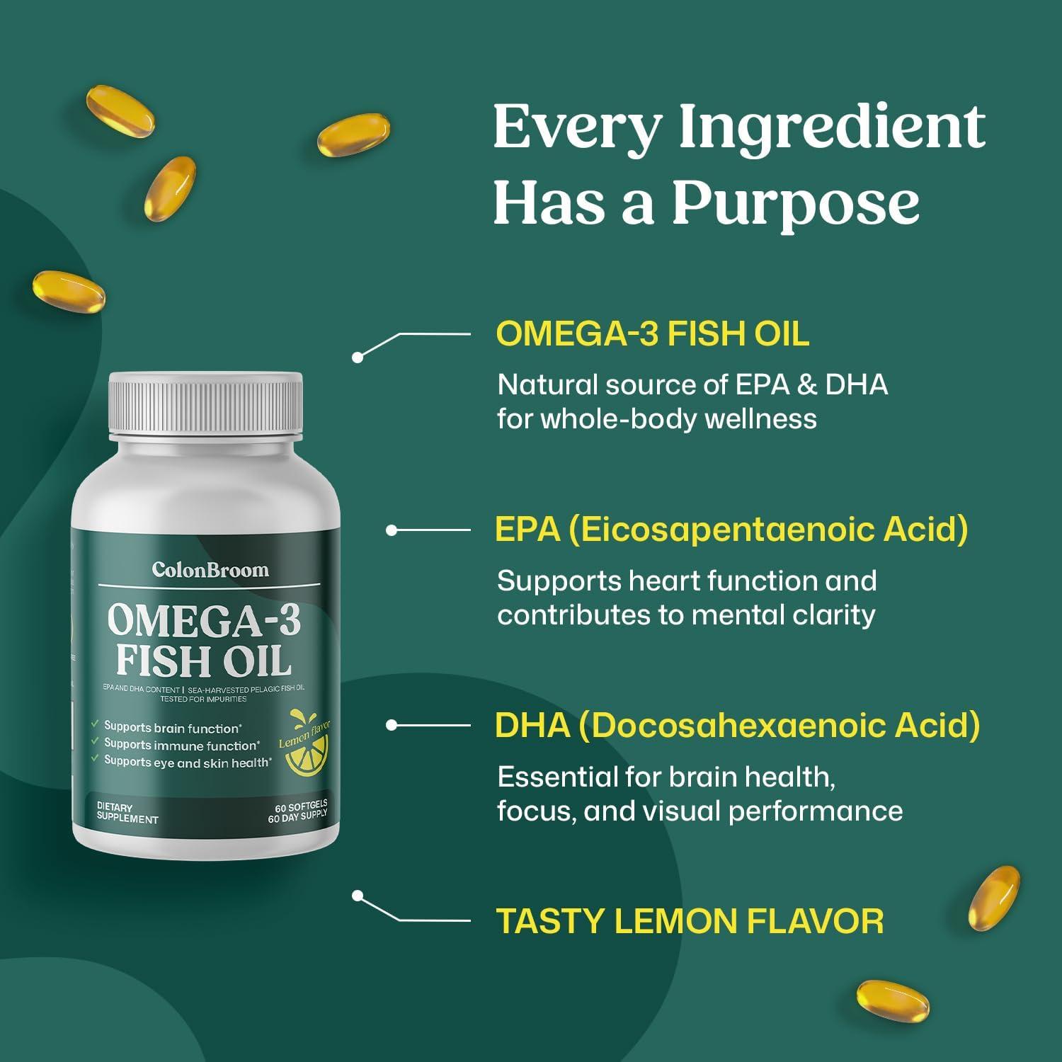 ColonBroom Omega 3 Fish Oil 2640 mg Softgels | Lemon Flavor | Daily Fish Oil Omega-3 Supplement for Women & Men with EPA & DHA | Gluten-Free Non-GMO Natural (60 Softgels 2 ColonBroom Omega 3 Fish Oil 2640 mg Softgels | Lemon Flavor | Daily Fish Oil Omega-3 Supplement for Women & Men with EPA & DHA | Gluten-Free Non-GMO Natural (60 Softgels 2