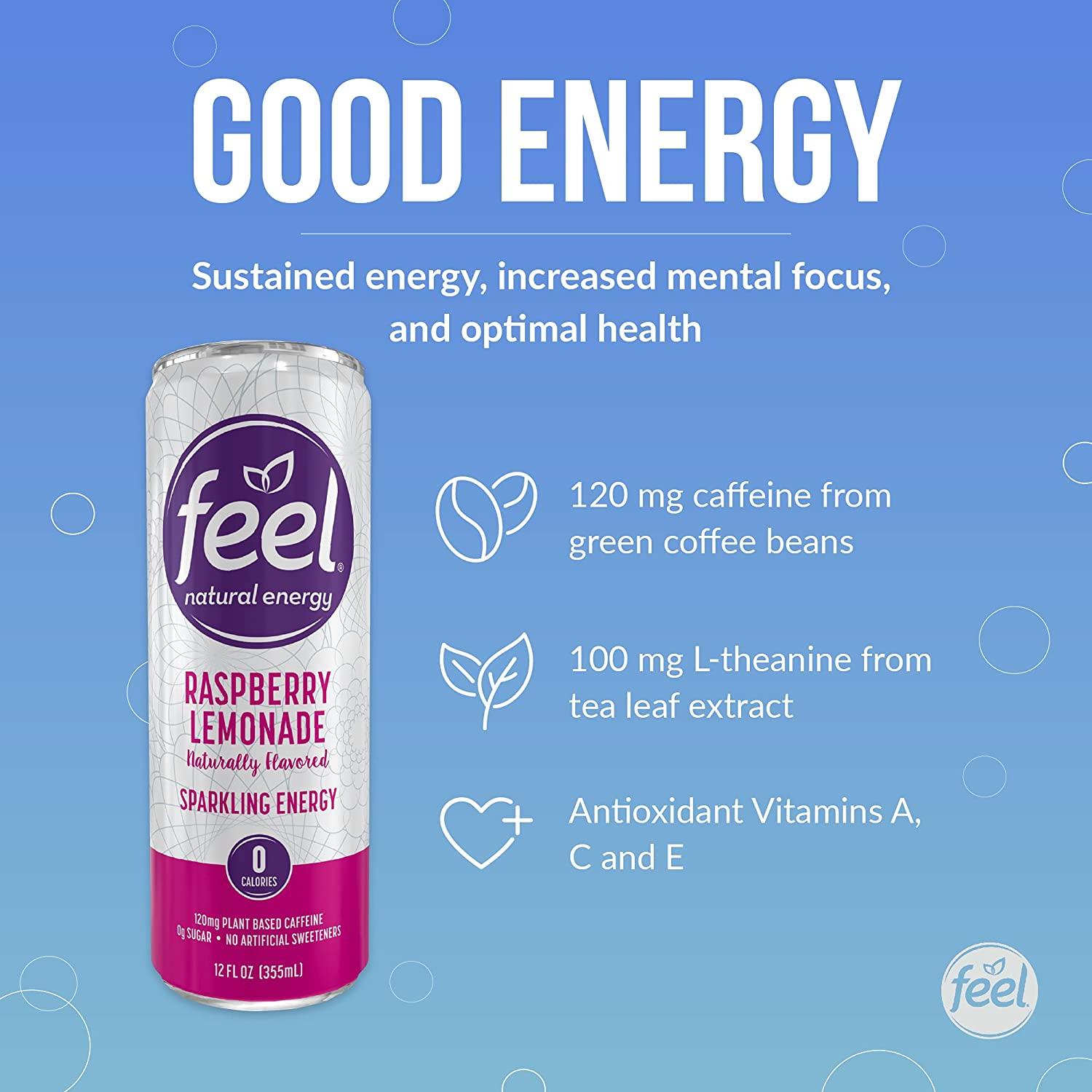 FEEL Sparkling Raspberry Lemonade Energy Drink Zero Sugar, LTheanine