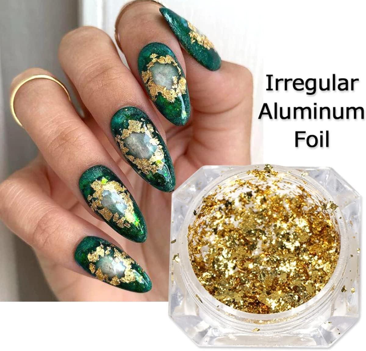 Gold Leaf 3D Nail Art with Holographic Flakes