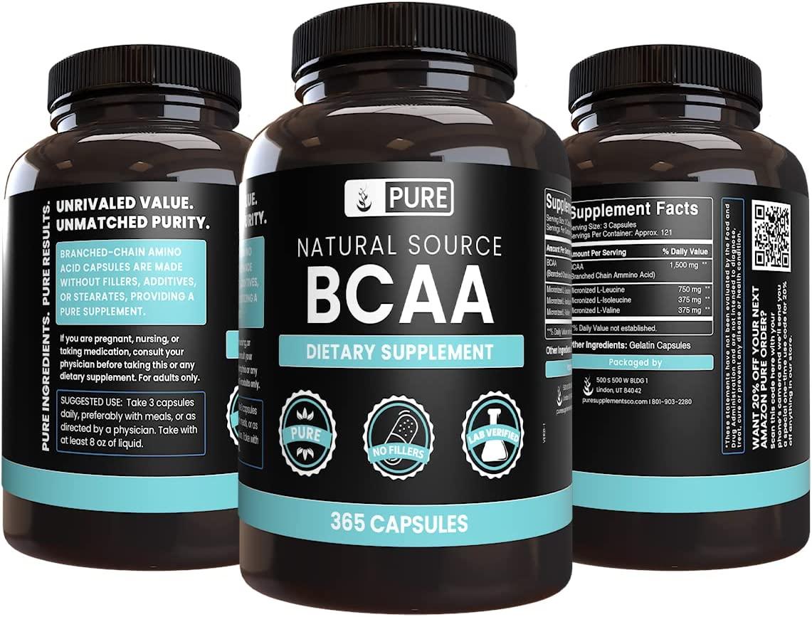 Pure Original BCAA Capsules 365 Count (Pack of 1) No Magnesium or