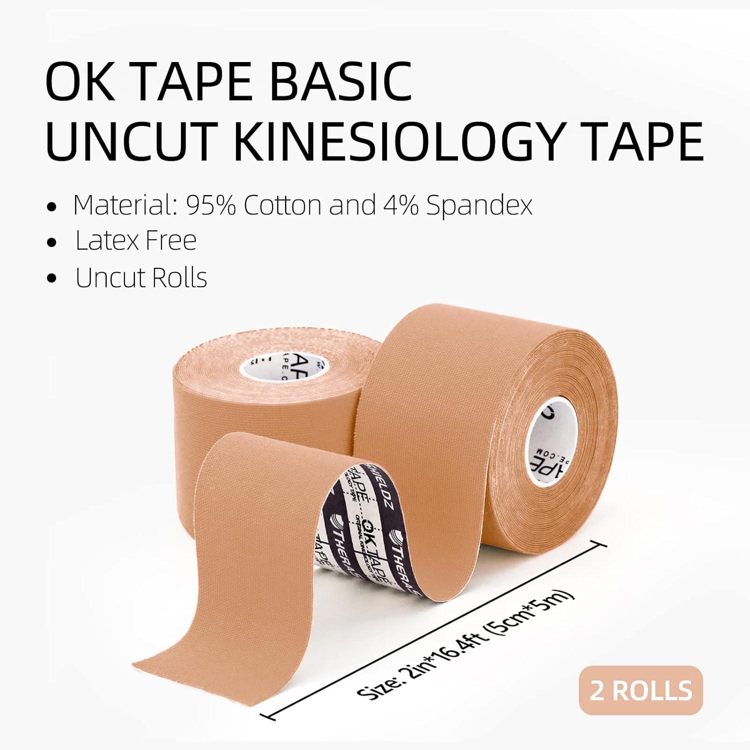 OK TAPE Basic Original Cotton Kinesiology Tape (2 Pack) Elastic Water  Resistant Therapeutic Athletic Tape Latex Free Pain Relief Injury Recovery  Uncut K Tape 2in 16.4ft - Beige 2 Rolls Beige
