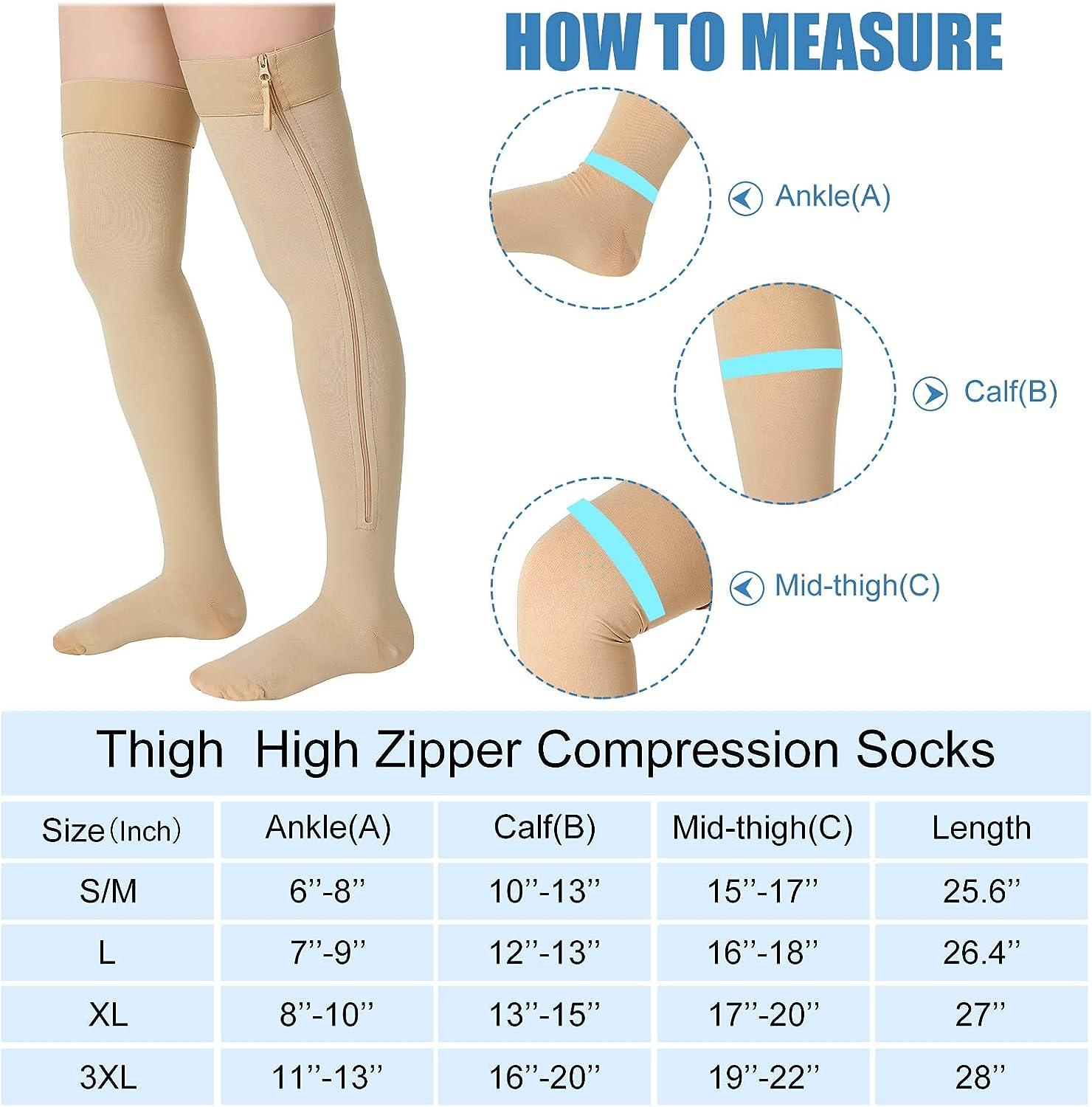2 Pairs Zipper Compression Socks Thigh High 20-30 mmHg Compression Socks  with Zipper Closed Toe Thigh High Compression Stockings for Women Men  Swelling Medium Beige