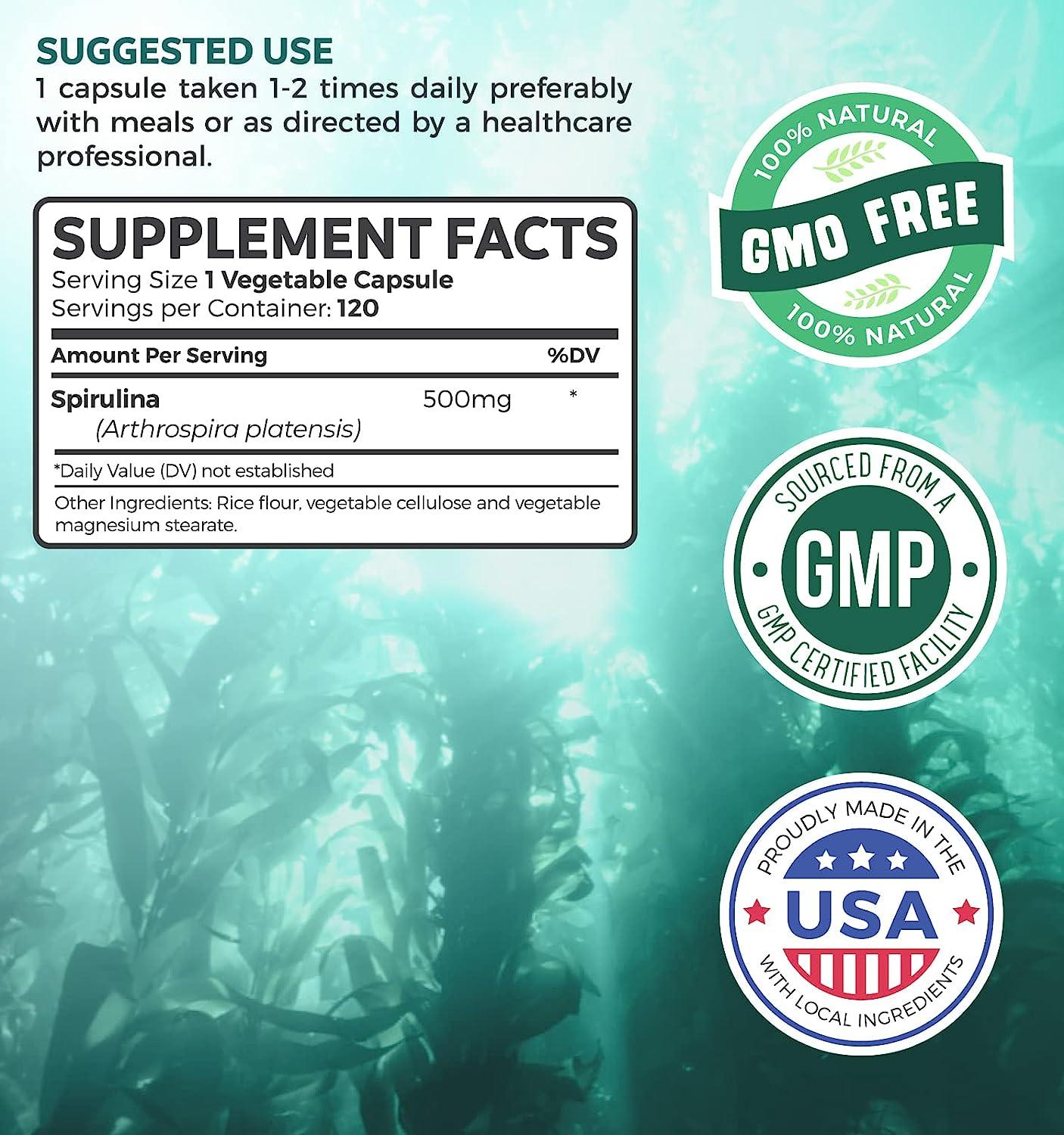 California Spirulina Capsules 500mg 120 Vegetarian Capsules with Non