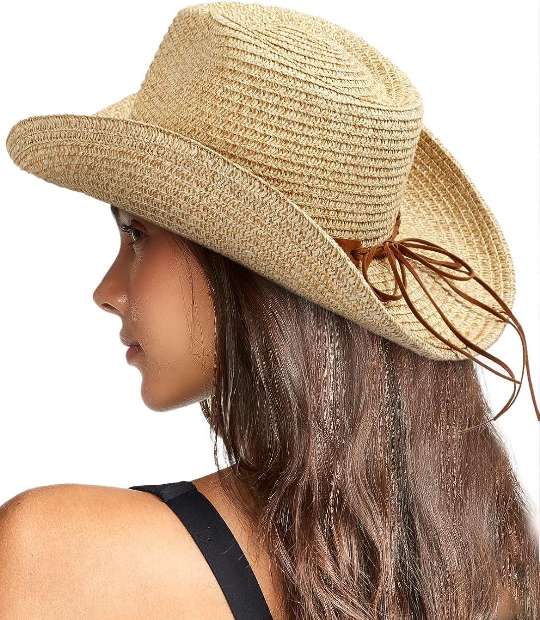 Women Straw Sun Hat Mens Cowboy Style Garden Hat UPF 50+ Wide Brim