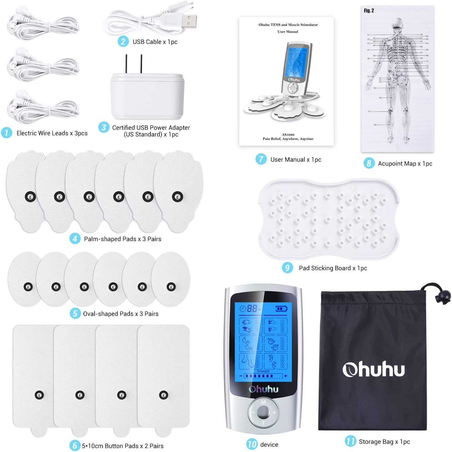 Ohuhu Tens Unit Muscle Stimulator: 24 Modes Rechargeable Tens Stimulator  Machine - 16 Pads Electric Ems Unit Massager for Back Shoulder Legs Pain  Relief Mother Father's Day Gift - Silver
